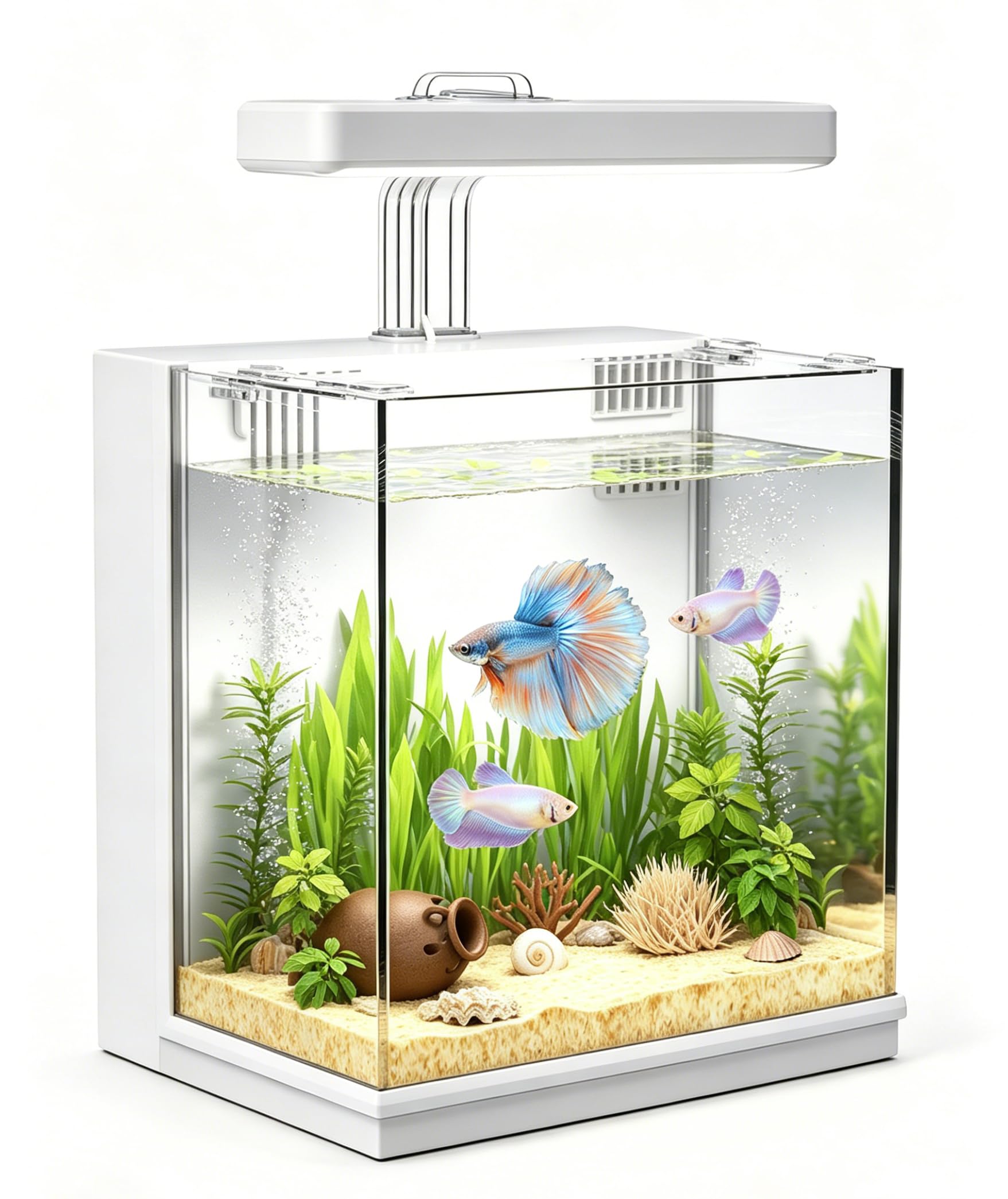 Betta-Fischbecken mit Filter und LED, selbstreinigendes Aquarium-Set, leise Pumpe und Multi-Filtration, einfacher Wasserwechsel, Fischtank für Anfänger, Geschenke für Kinder, Teenager, Jungen, Weiß, 2