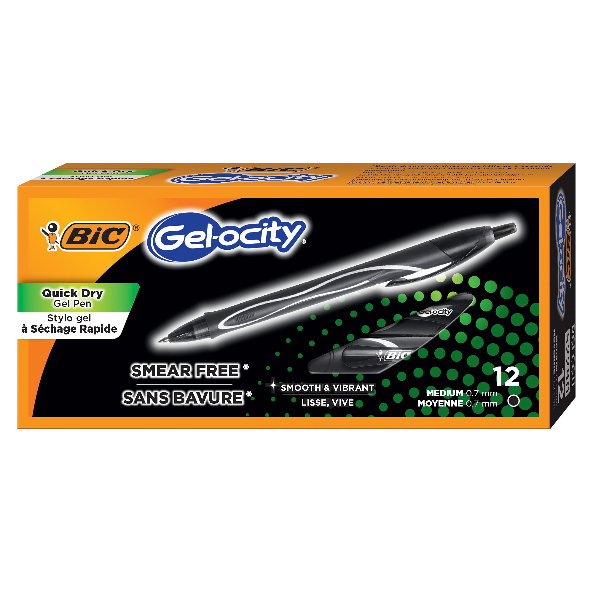 BIC Gel-Ocity Quick Dry Gel Pens Medium Point Retractable 0 7mm Black Ink Gel Pen 12-Count- Pack of