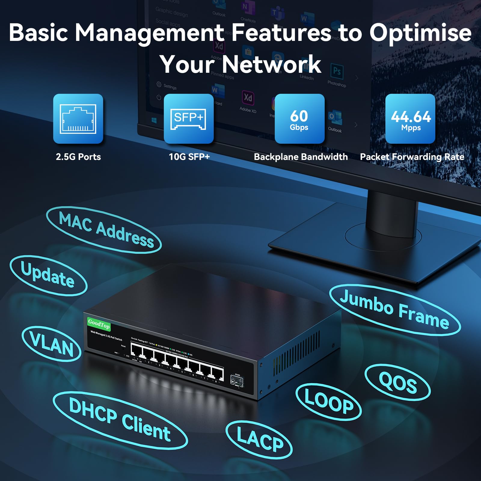 Amazon.com: GoodTop 8 Port 2.5Gb PoE Switch, 8 PoE+ Ports @135W