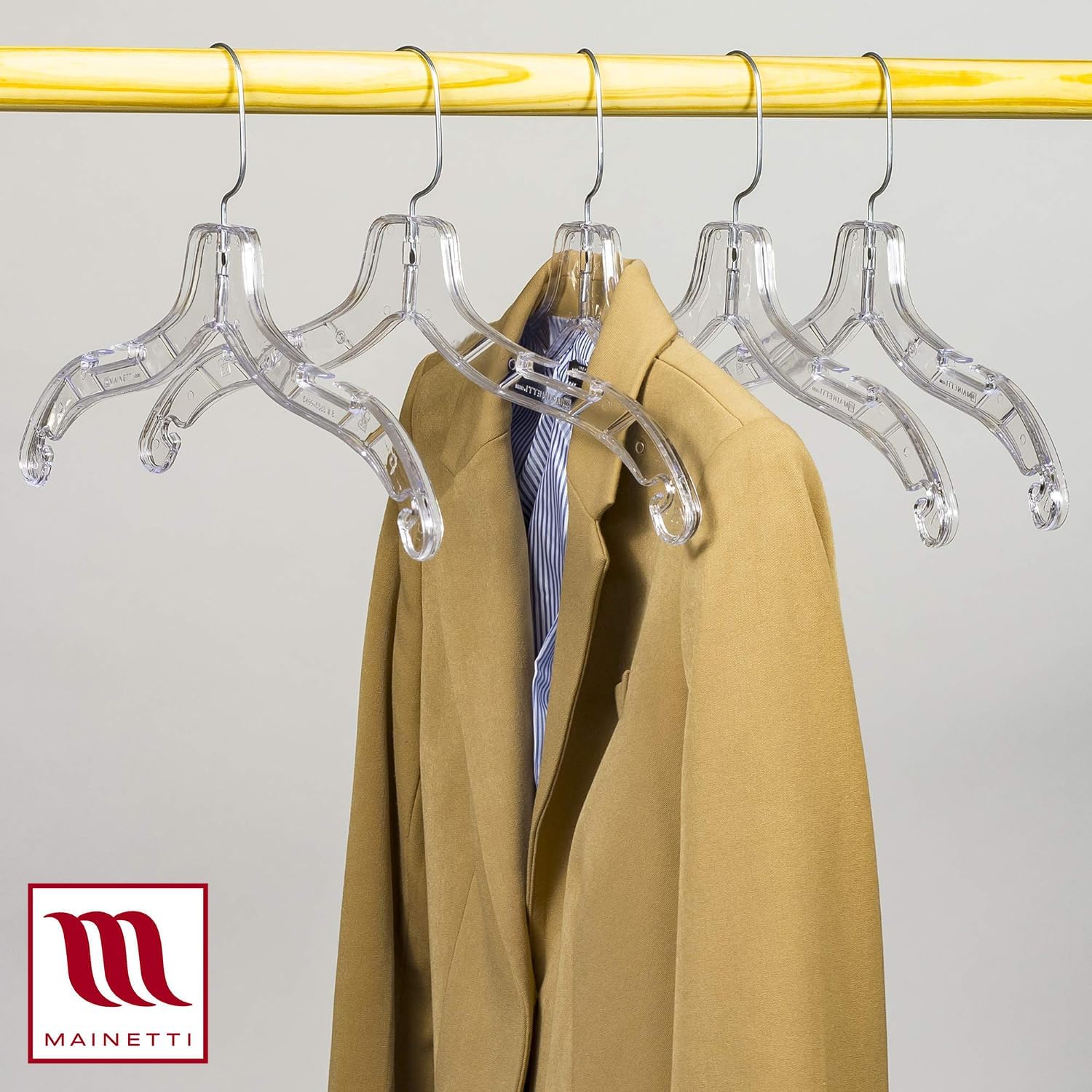 Mainetti Clear Plastic Clothes Hangers 20 Pack | 17-Inch Space Saving Hangers with 360 Swivel Metal Hook & Notches for Straps | Closet Hangers Ideal for Shirts, Tops, Dresses and Jackets (5400SCR20) - Image 7