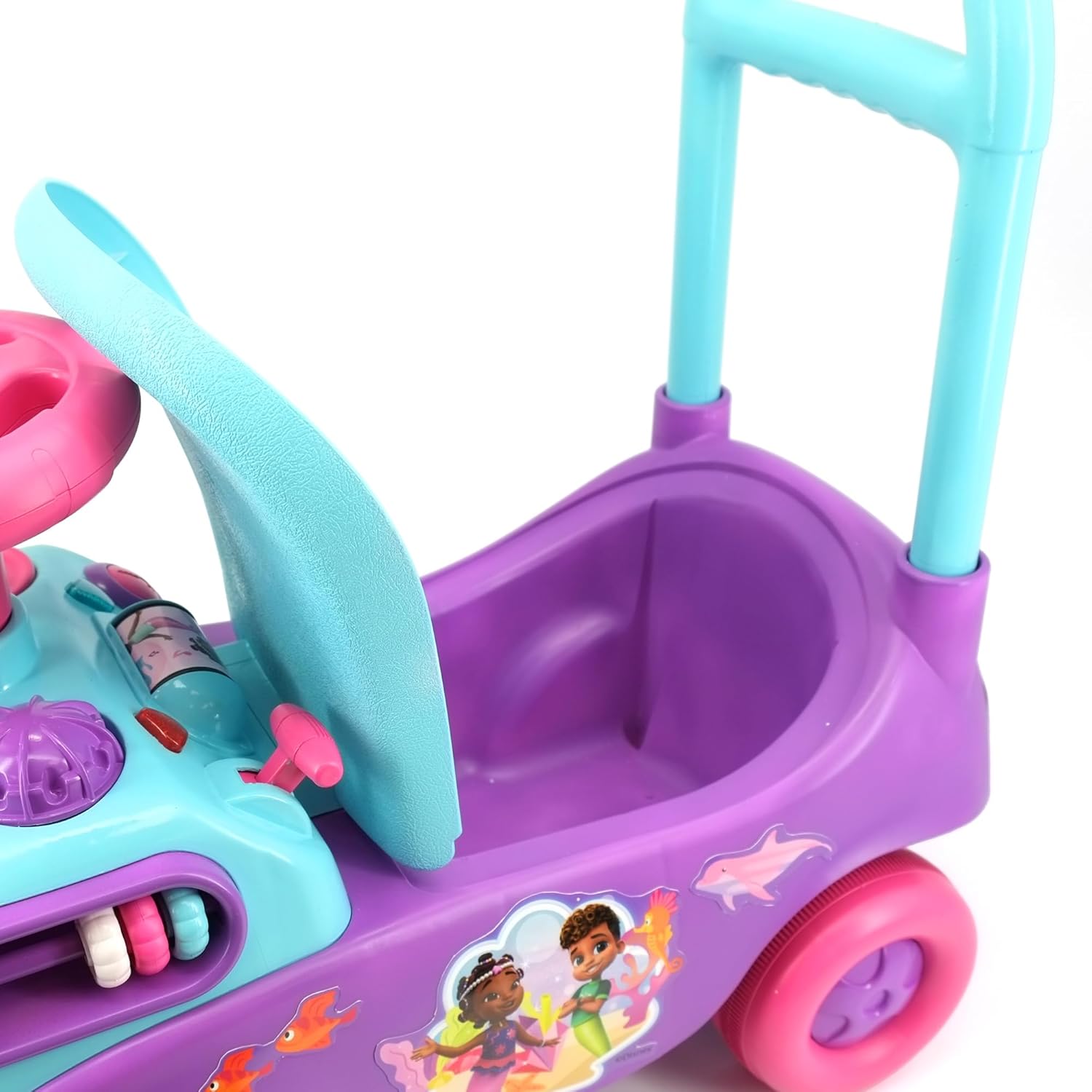 Kiddieland Disney Junior Ariel Ride-On Toy with Lights & Sounds, Toddler Push Car with Under-Seat Storage, Foot-to-Floor, Ages 12–36 Months, 55 lb Limit, Indoor/Outdoor