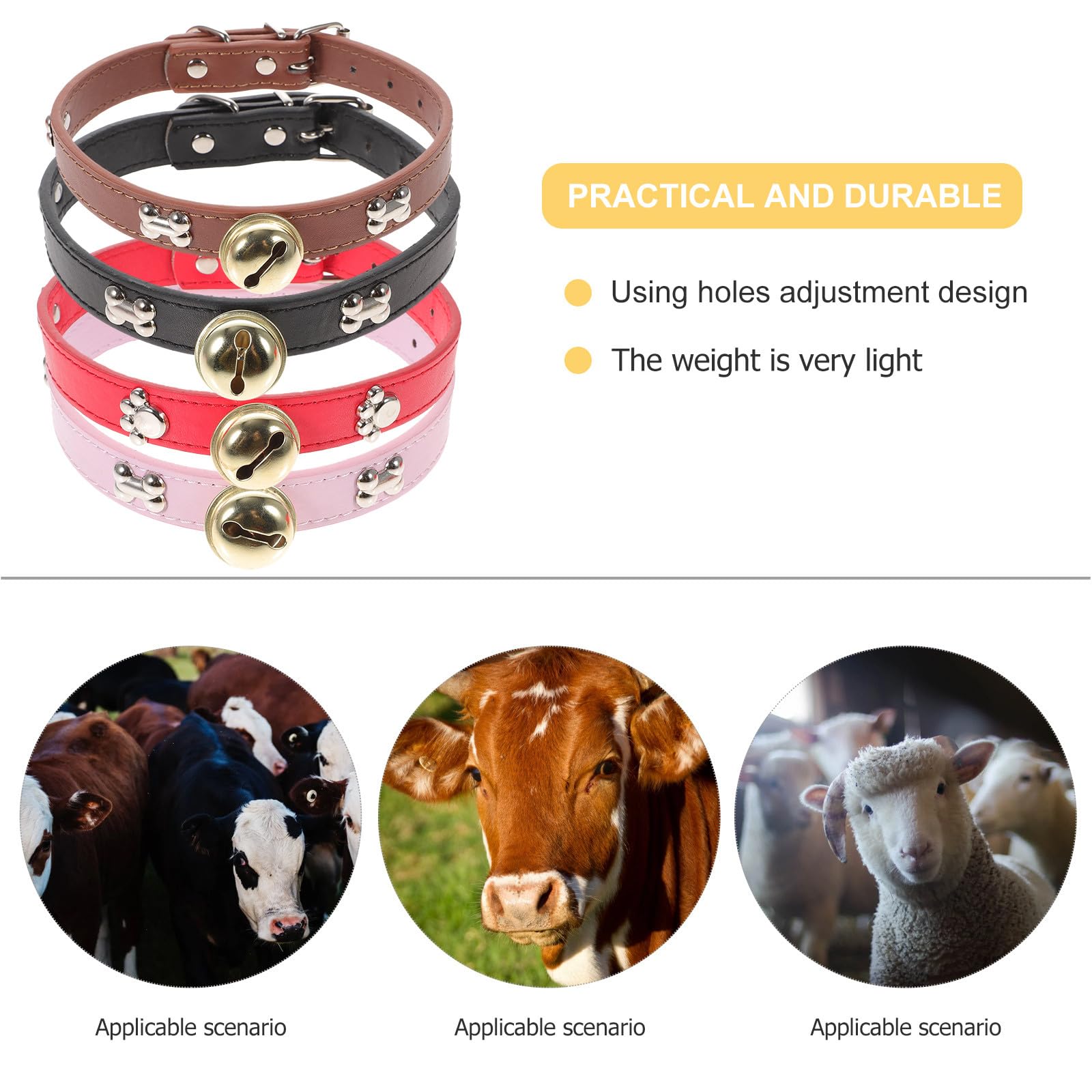Gatuida Lot de 4 Colliers en PU Réglables pour Bétail avec Clochettes, Design à Trous pour Ajustement Facile, Adaptés pour Vaches et Chèvres en Élevage