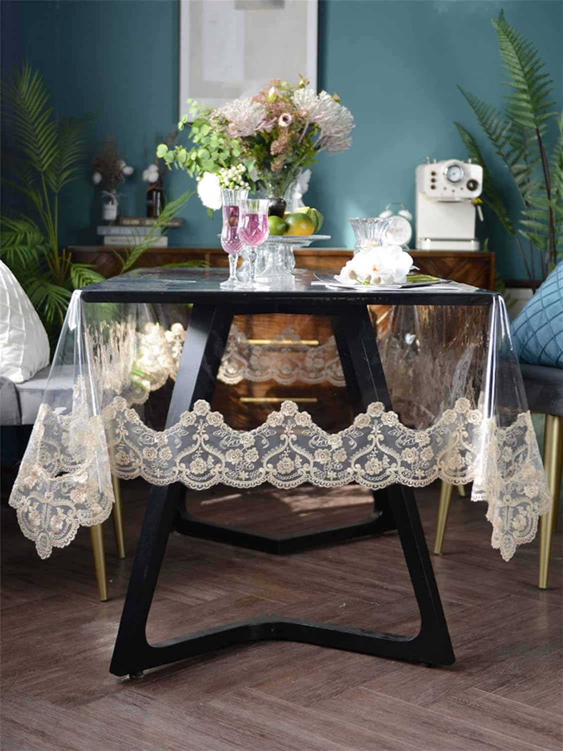 dimatic clear plastic waterproof tablecloth, vinyl pvc rectangle table cloth with lace macrame, oil spill proof, table cover for dining tables, parties and holidays (beige, 60 x 98 inch) beige 98" x 60" (rectangular)