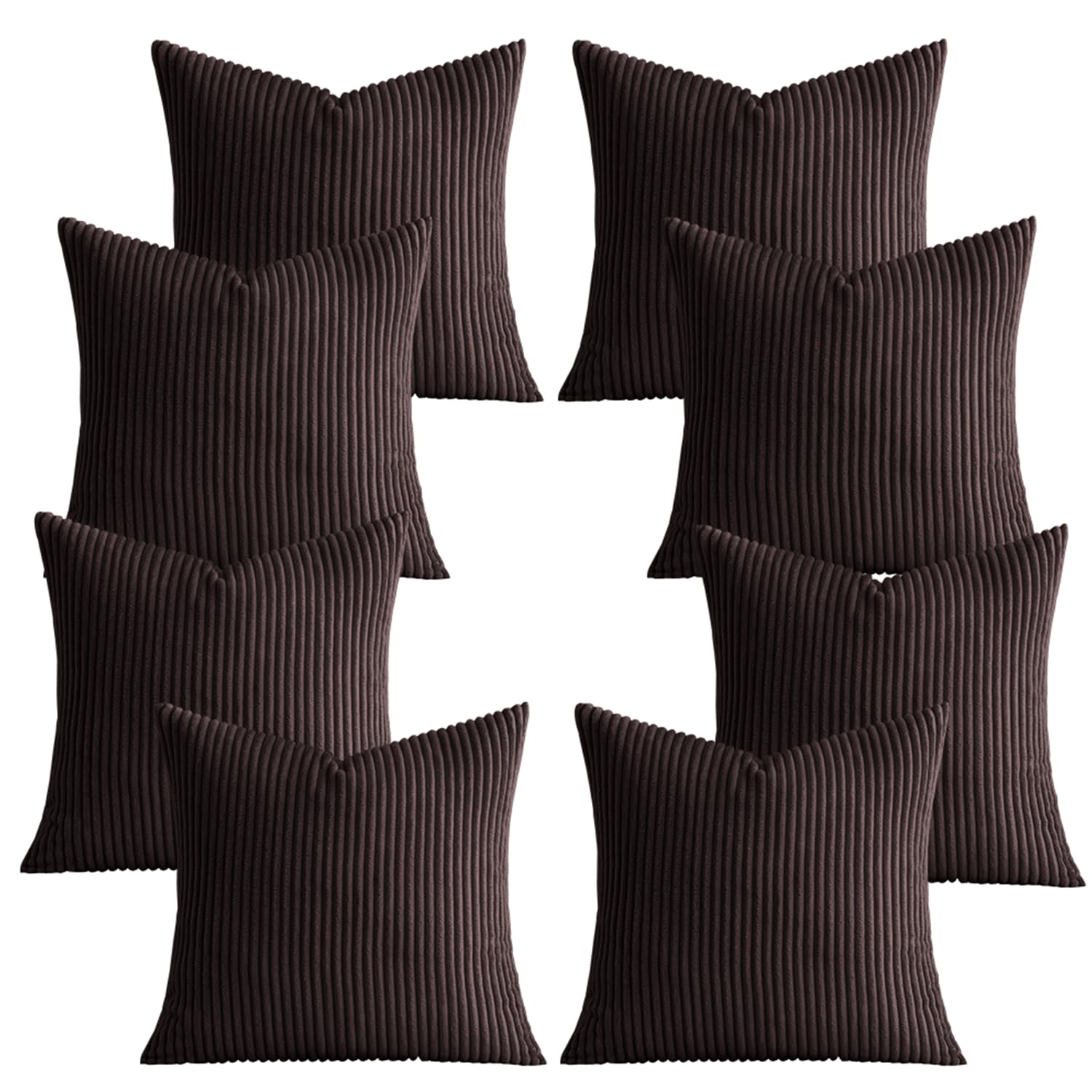 AMEHA Set of 8 Pcs Soft Corduroy Coffee Velvet Cushion Covers 45 x 45 cm with Invisible Zipper Decorative Square Throw Pillowcases for Livingroom, bed, couch, office (18x18 inch Stripe Cushions)