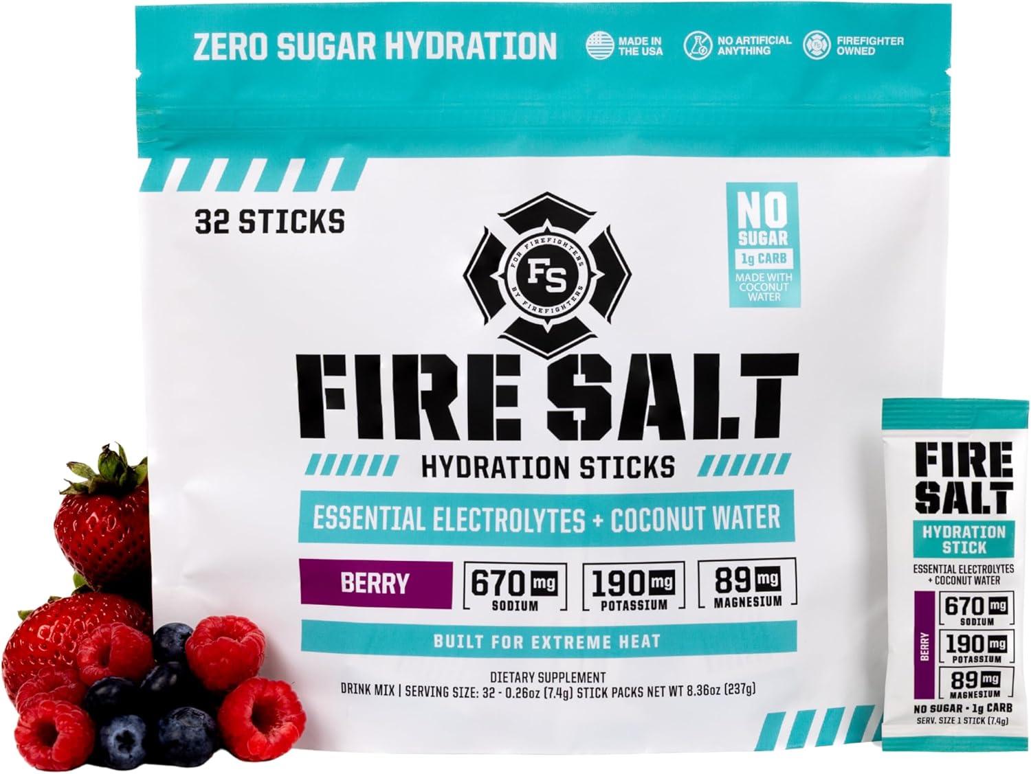 Fire Salt Hydration Sticks – Electrolyte Mix, Berry, 32 count