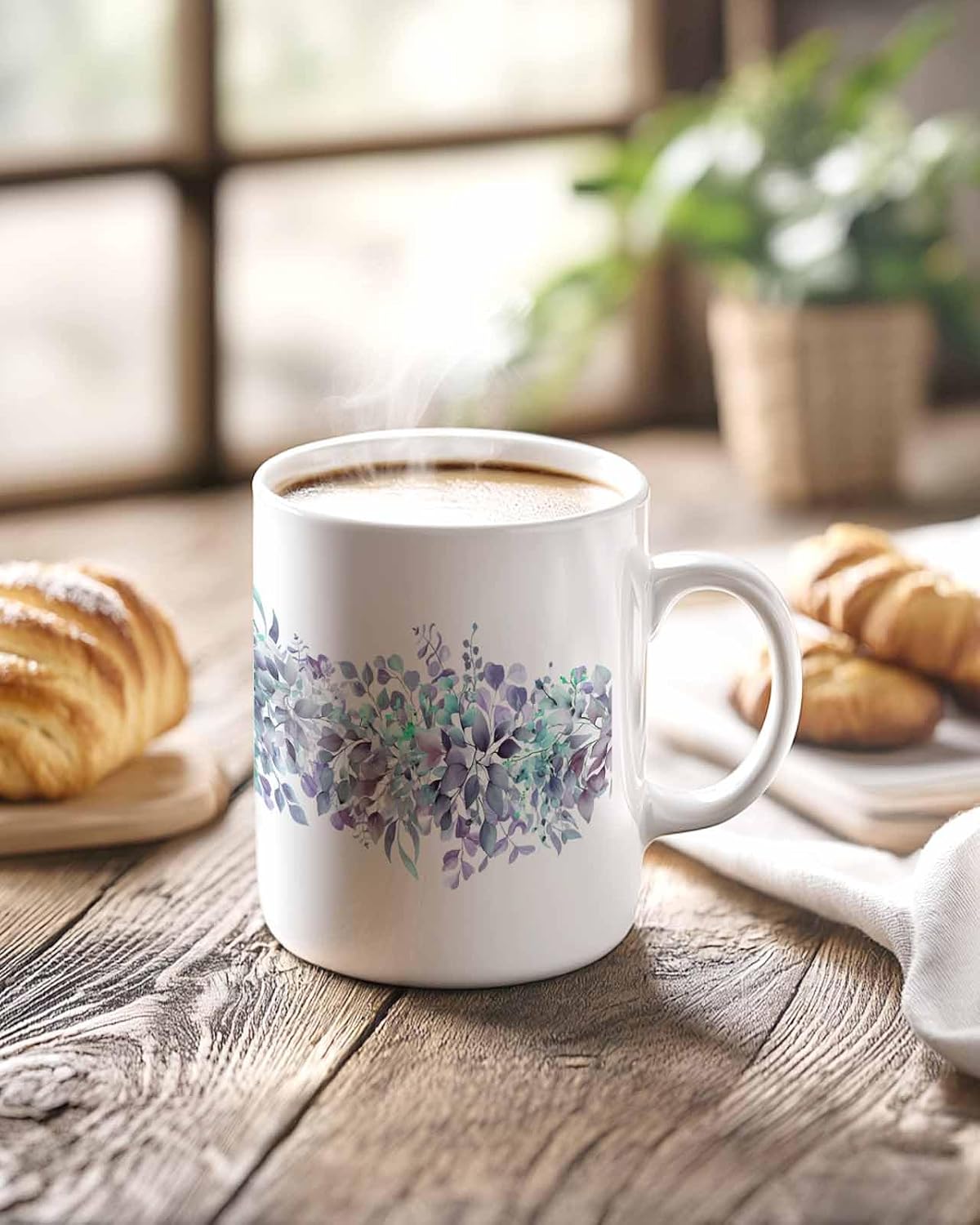 BEMIGO Ceramic Coffee Mug Eucalyptus Leaves Ceramic Mug White Cup, Watercolor Purple Spring Insulated Coffee Cup with Handle with Pattern Perfect for Tea and Hot Beverages, 12oz
