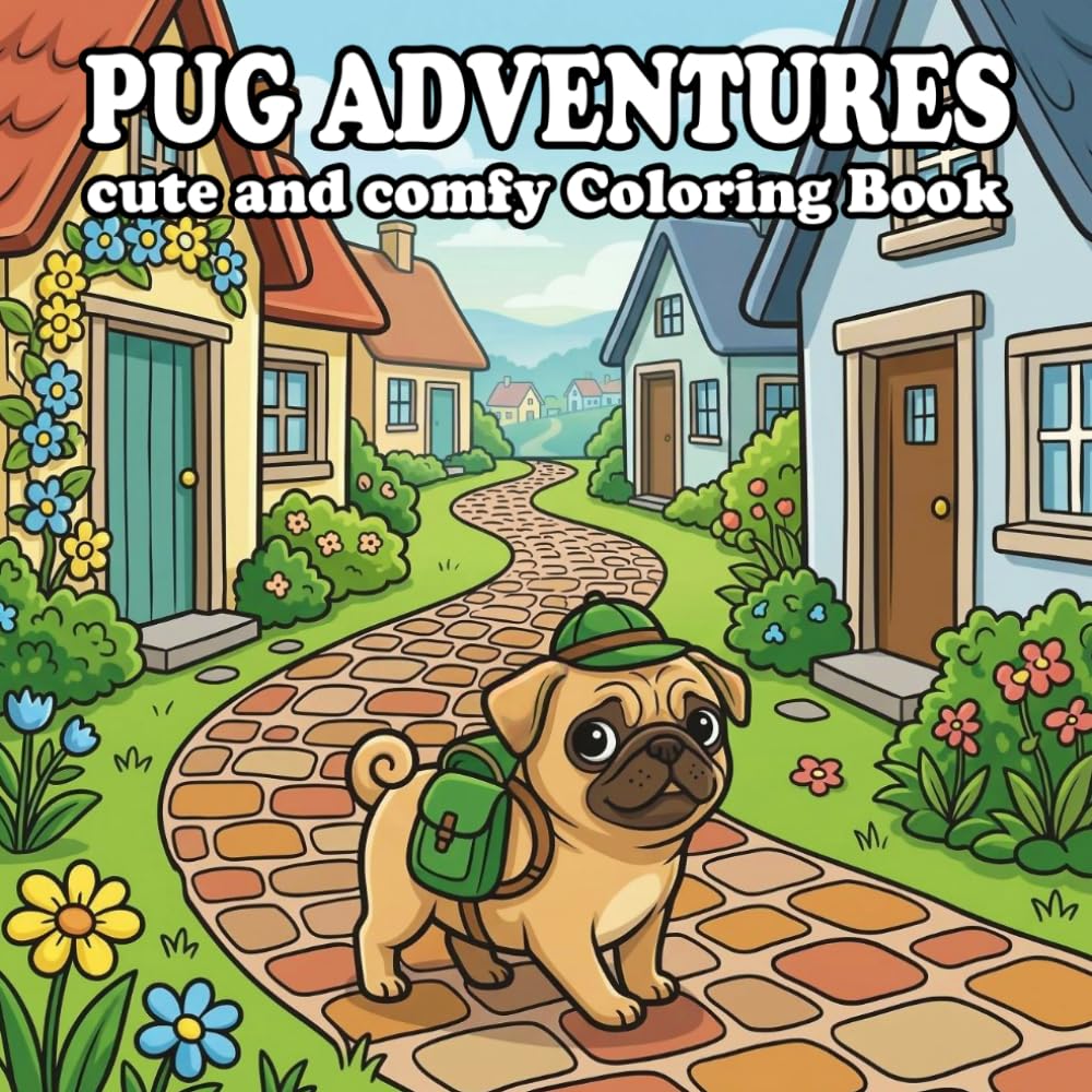 Adventurer Pug Coloring Book: 58 Cozy Nature & Small Town Adventures
