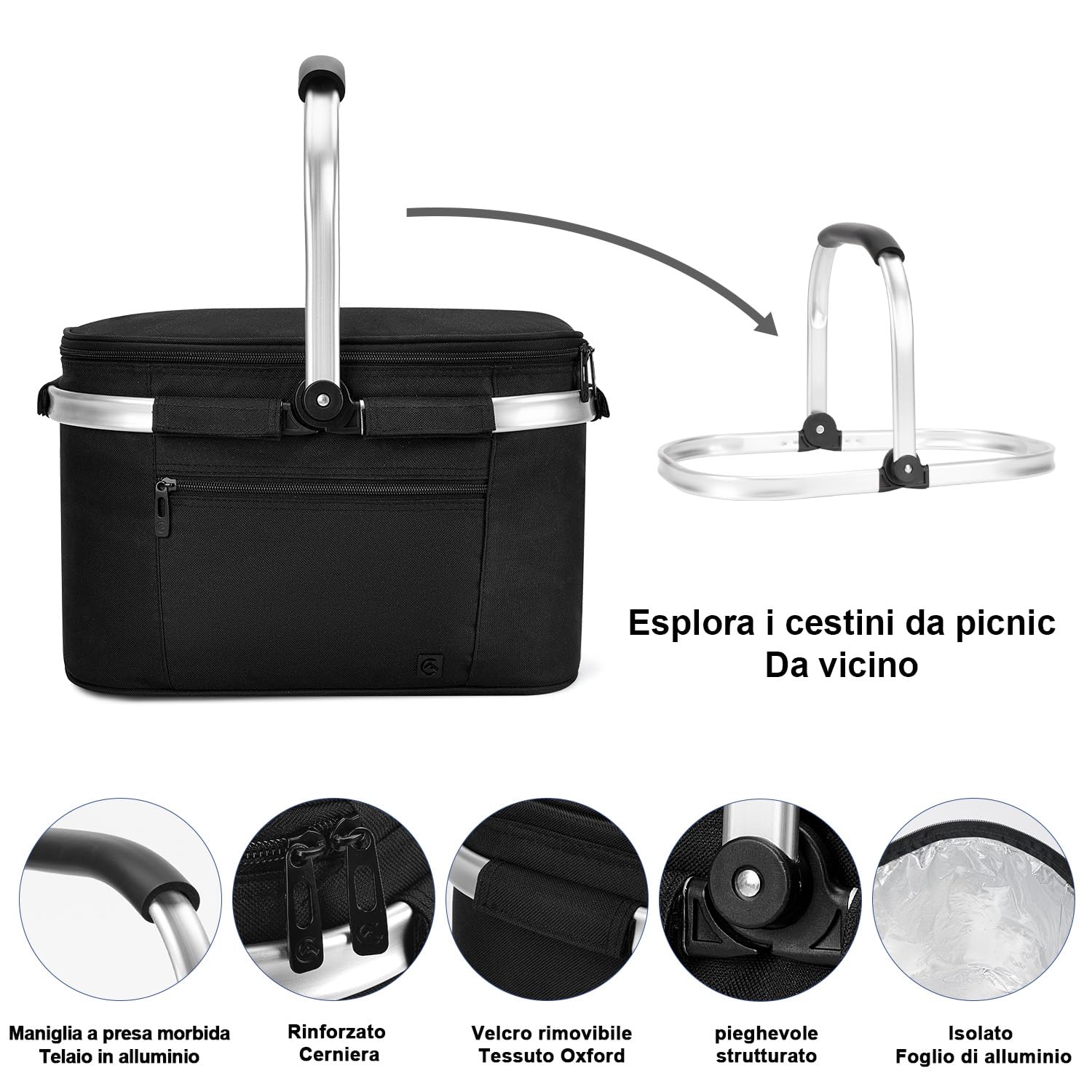 ALLCAMP Cestino Picnic Pieghevole - Cestino Per la Termico per Alimenti Freddi con Coperchio,Cestino Picnic Rimovibile,Cestino Termico con Telaio in Alluminio,Borsa Frigo Spesso（Piccolo-nero）