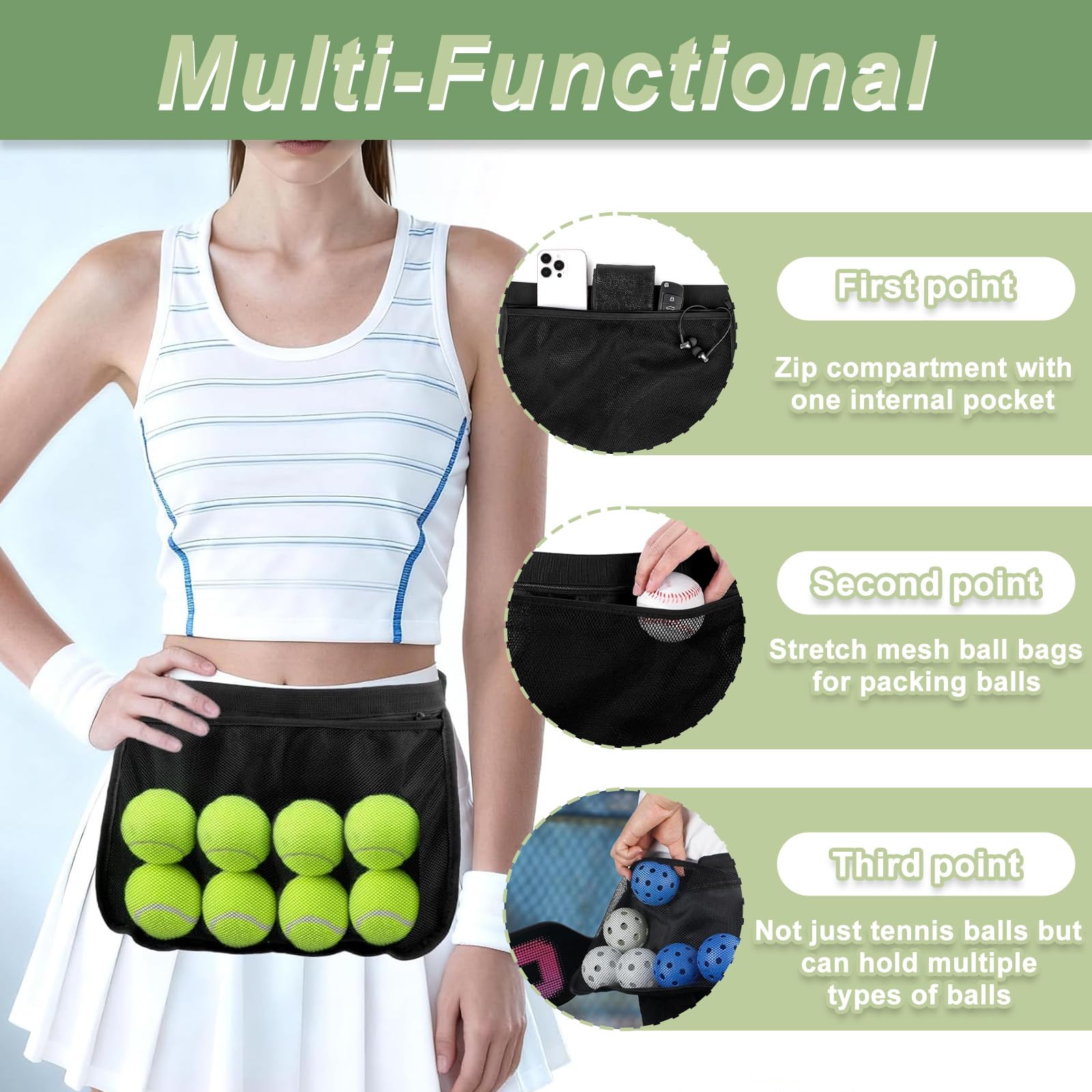 Portapalle da Tennis Regolabile e Borsa per Pickleball, Marsupio in Mesh, Porta Palle con Tasca, Contiene 8-10 Palle per Tennis, Pickleball, Golf, Nero Leggero e Comfortevole.