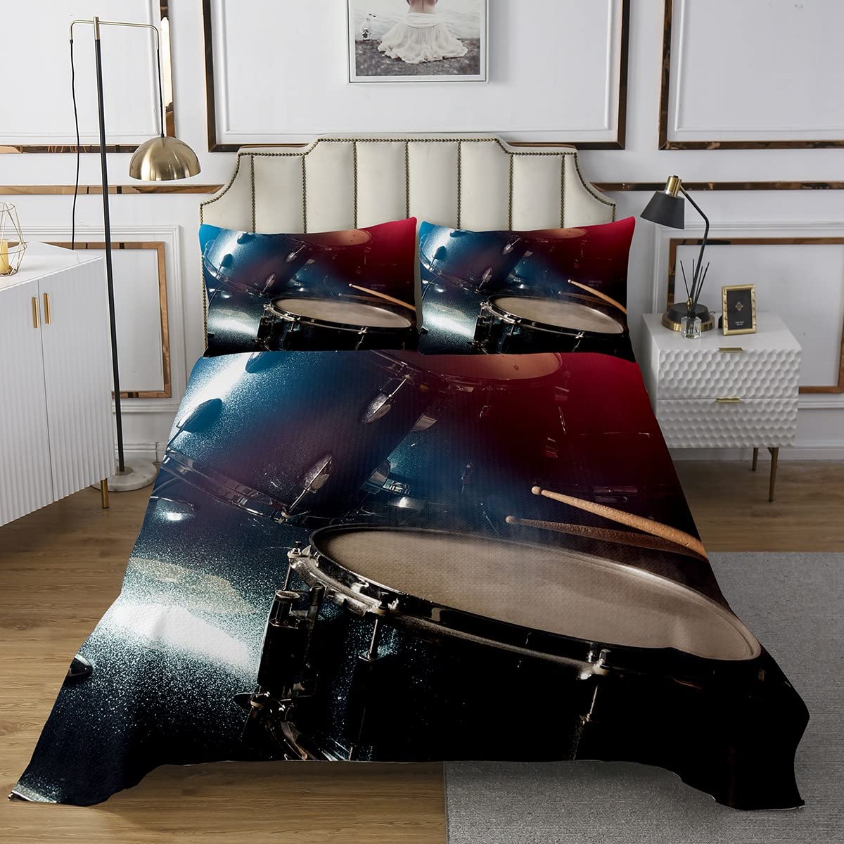 Kit tamburo Trapuntato Copriletto Bambini Rock Music Trapuntato Coperta per Ragazzi Ragazze Strumento Musicale Coverlet Set Traspirante Hip Hop Hippie Trapuntato Nero Drum Room Decor Musica Doppio