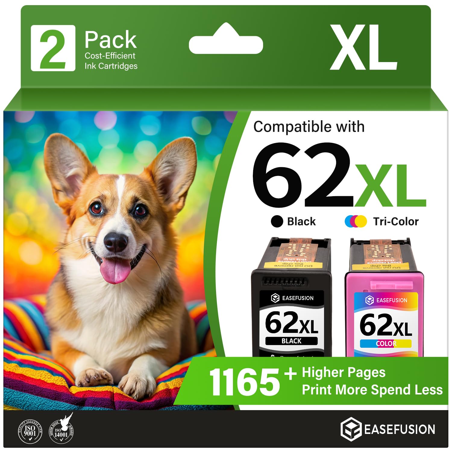 Replacement for HP 62XL 62 Ink Cartridge Black Color Combo Pack