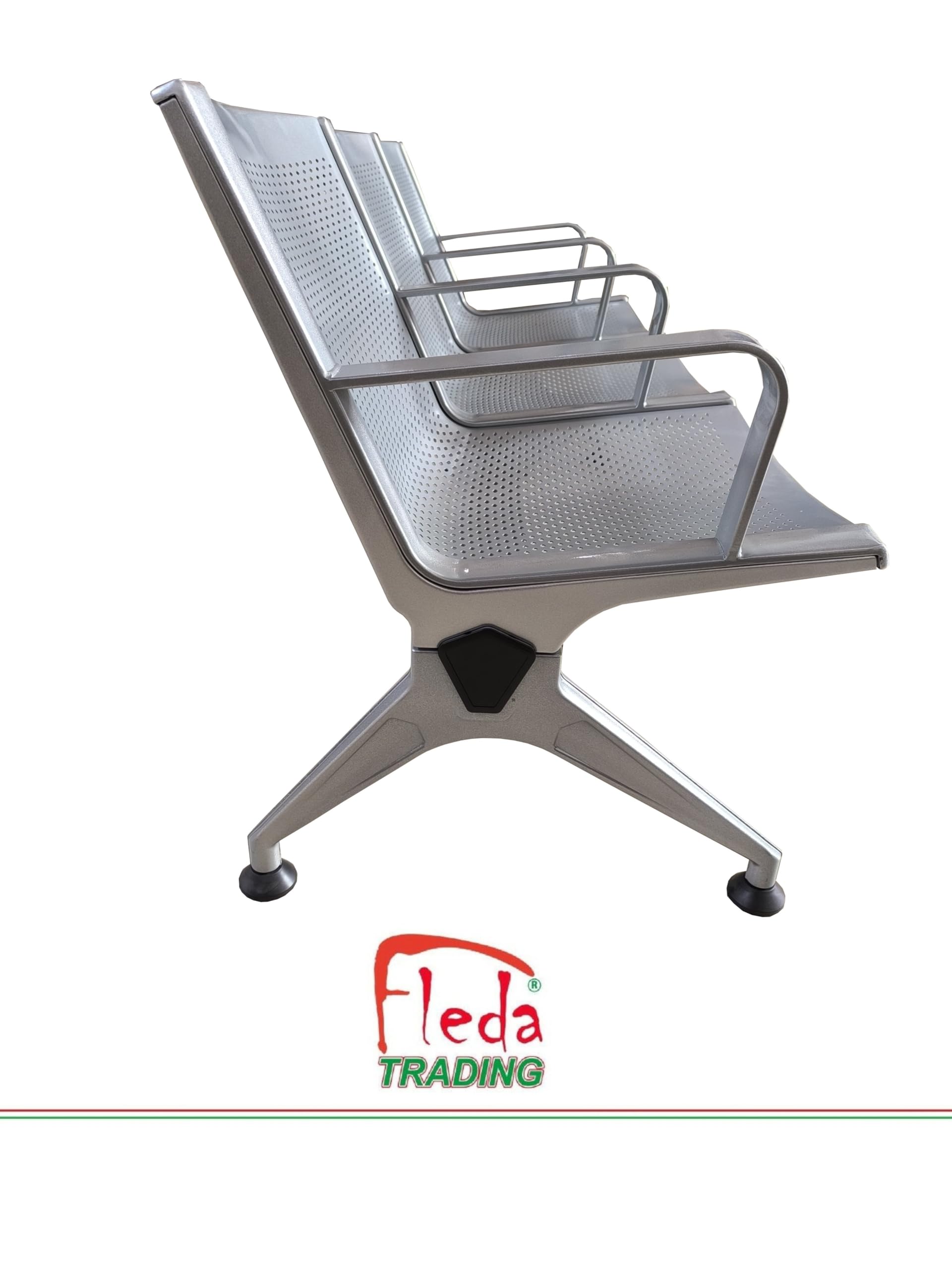 Panca in Metallo per Sala d'Attesa 3 Posti, Sedute Ufficio in Acciaio Verniciato Grigio con Lamiera Traforata Sagomata, Design Elegante e Moderno per Studio Professionale, 175x68x77 cm