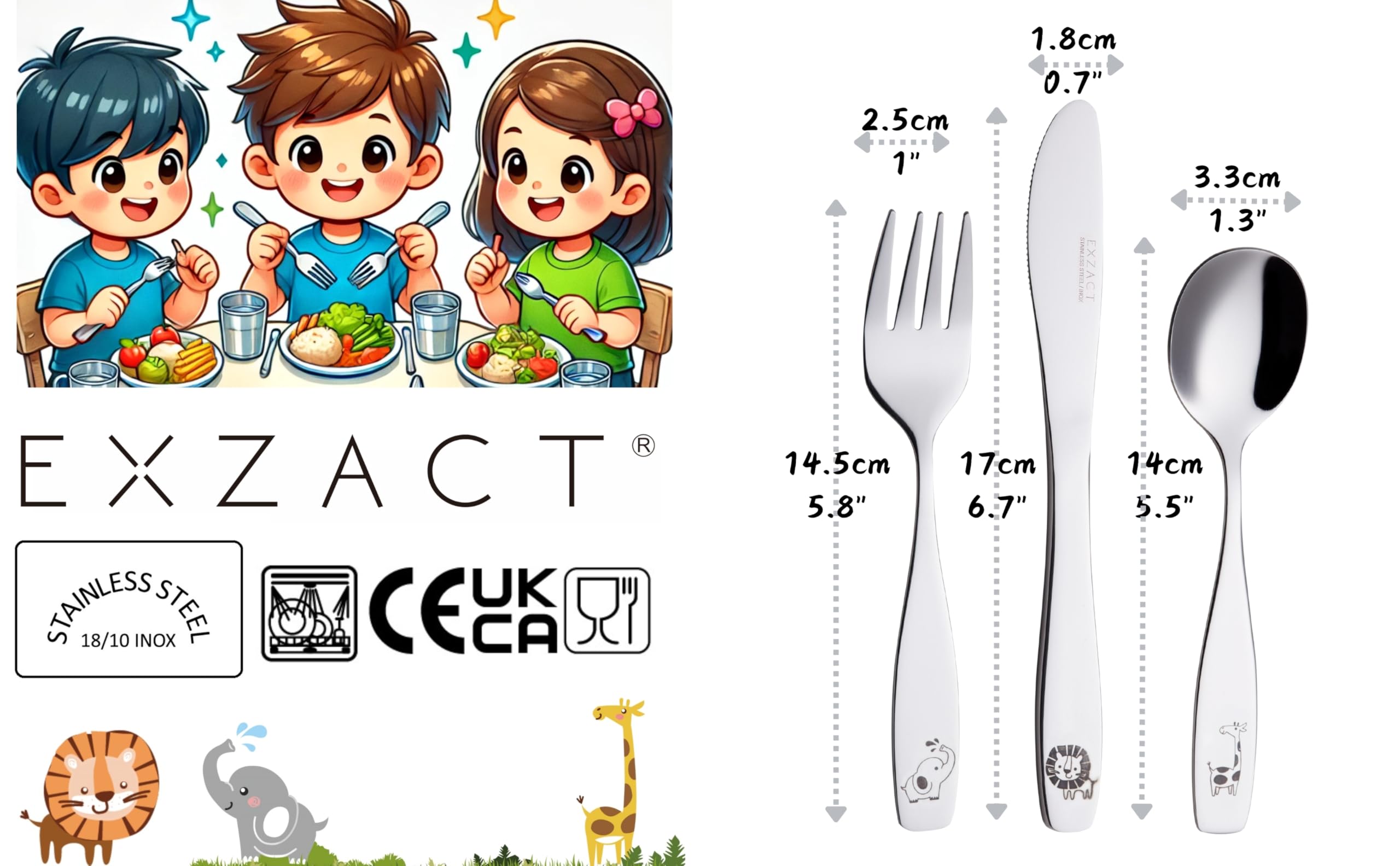 Exzact dzieci sztućce 12 szt 18/10 stal nierdzewna dzieci sztućce safari