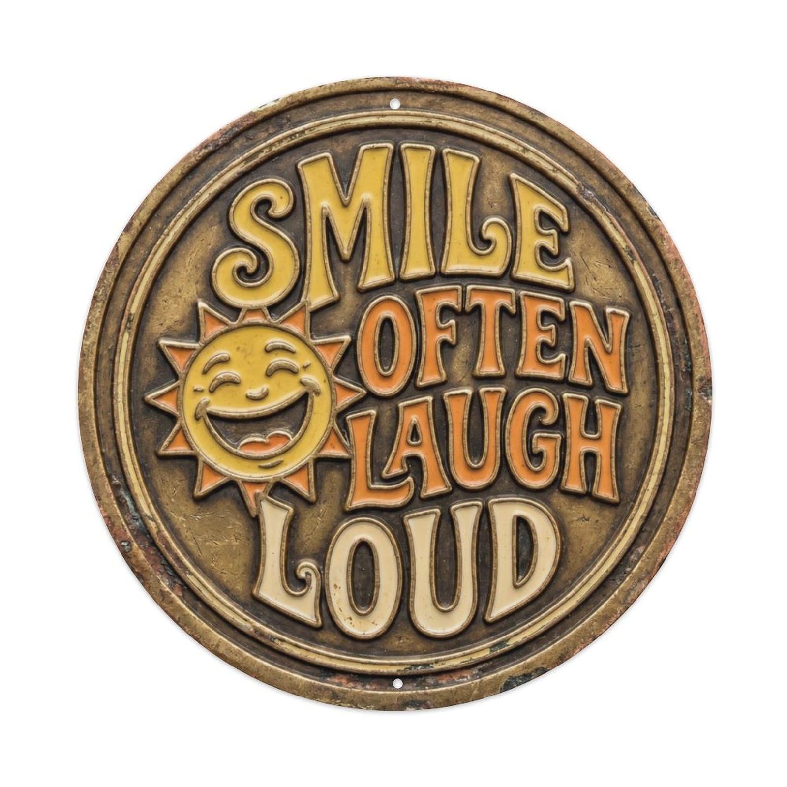 Fqcyn Style Smile Often Laugh Loud Vintage Living Ornament Retro Slogans Metal Tin Sign Plaque Wall Decor For Cafe, Club Bar, Office, Home Garden Round Metal Poster 8X8inch
