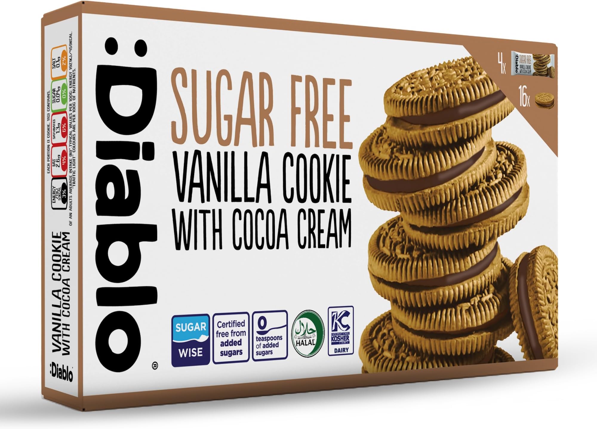 Diablo Sugar Free Sandwich Cookies – Vanilla Cookie with Cocoa Cream, Sugar Free Snacks, Maltitol-Sweetened for Everyday Enjoyment, Sweet Treats For All, 176g 1 Pack