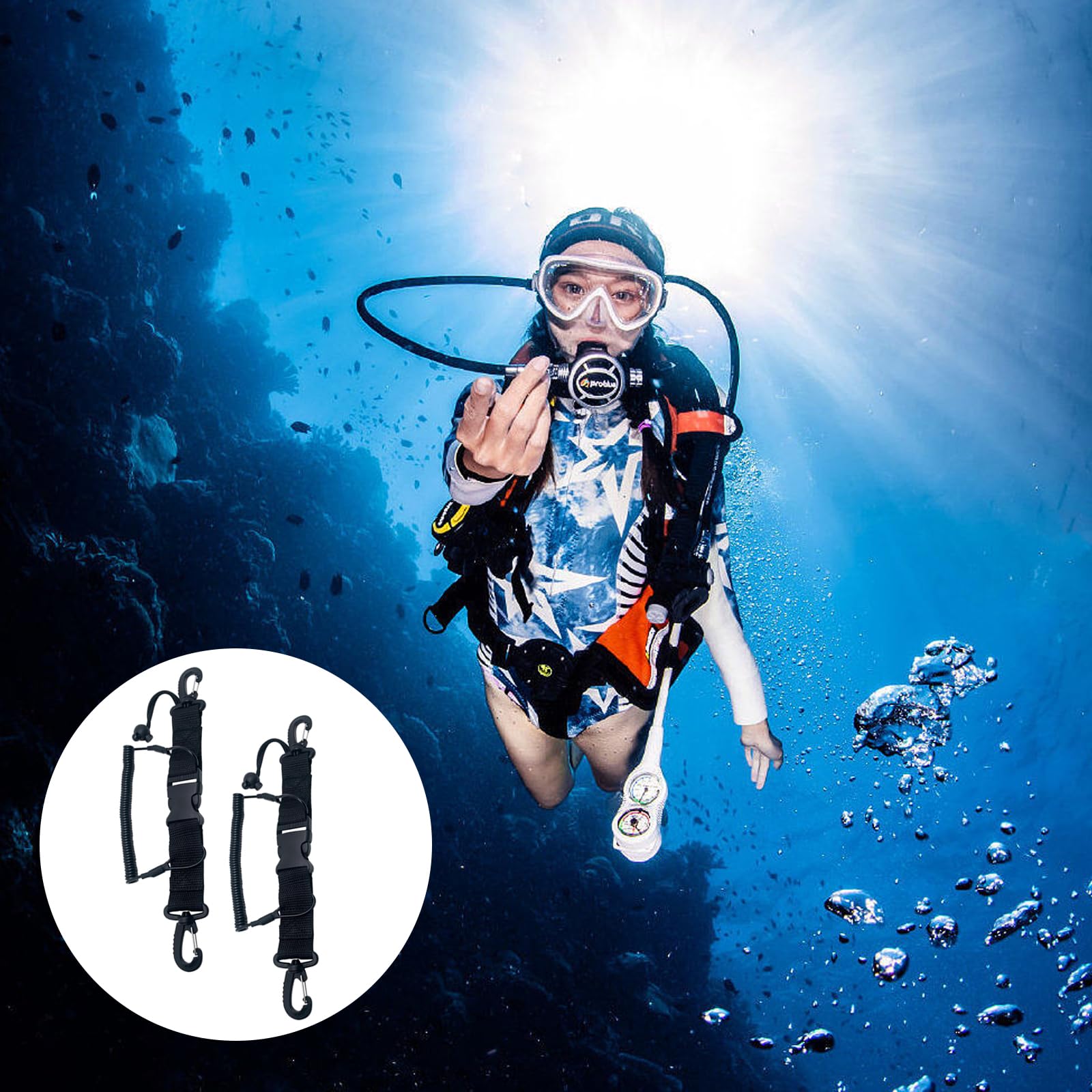 Cable Espiral para Cámara De Buceo,Cable Espiral De Buceo 2pcs,Accesorios De Buceo con Mosquetón,Gancho para Herramientas De Buceo,Cordón para Equipo De Buceo con Liberación Rápida