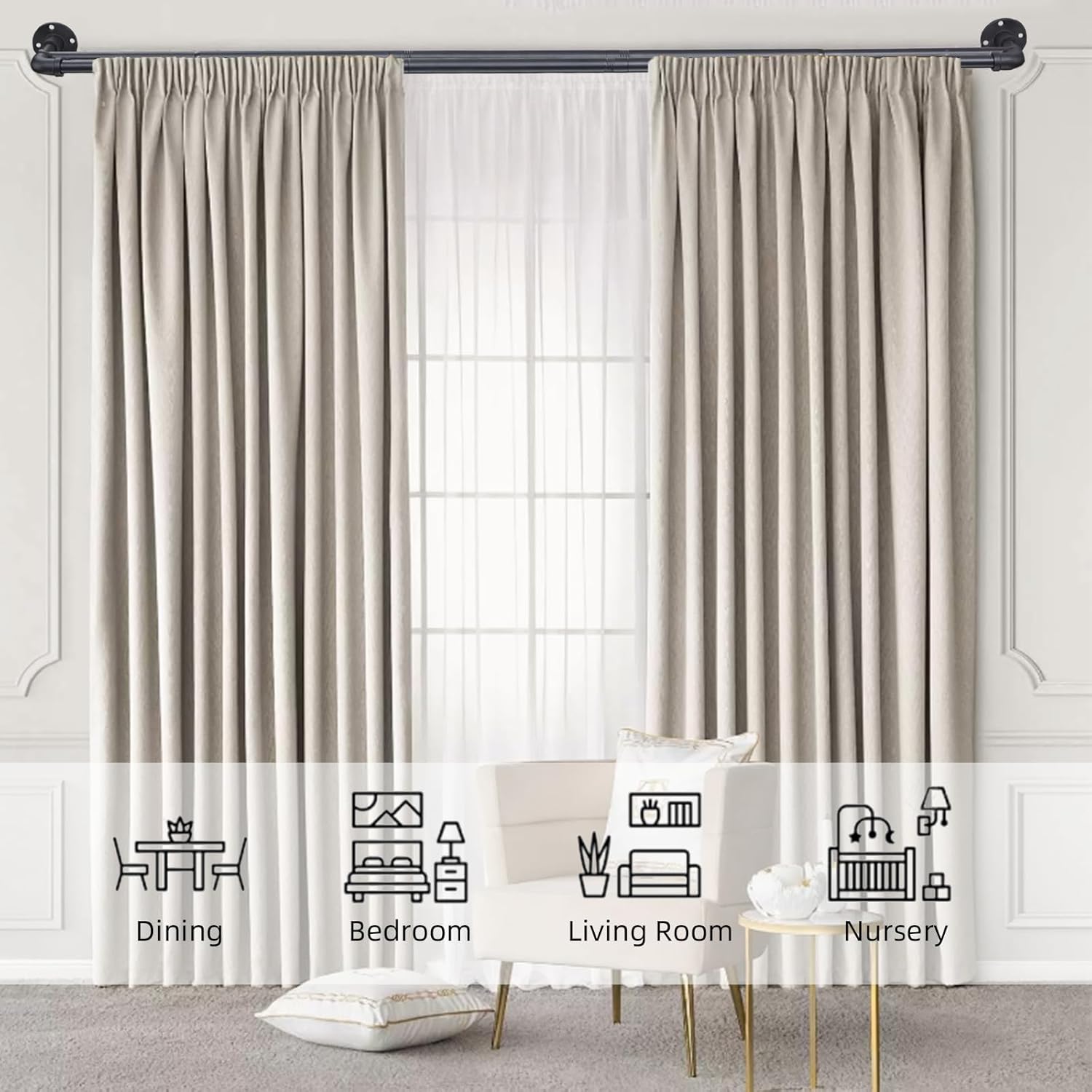 Industrial Double Curtain Rods for Windows 31 to 95 Inch, Adjustable Telescoping 1 Inch Black Double Curtain Rod Set Heavy Duty Blackout Wrap Around Curtain Rods for Living room, Sliding Glass Door