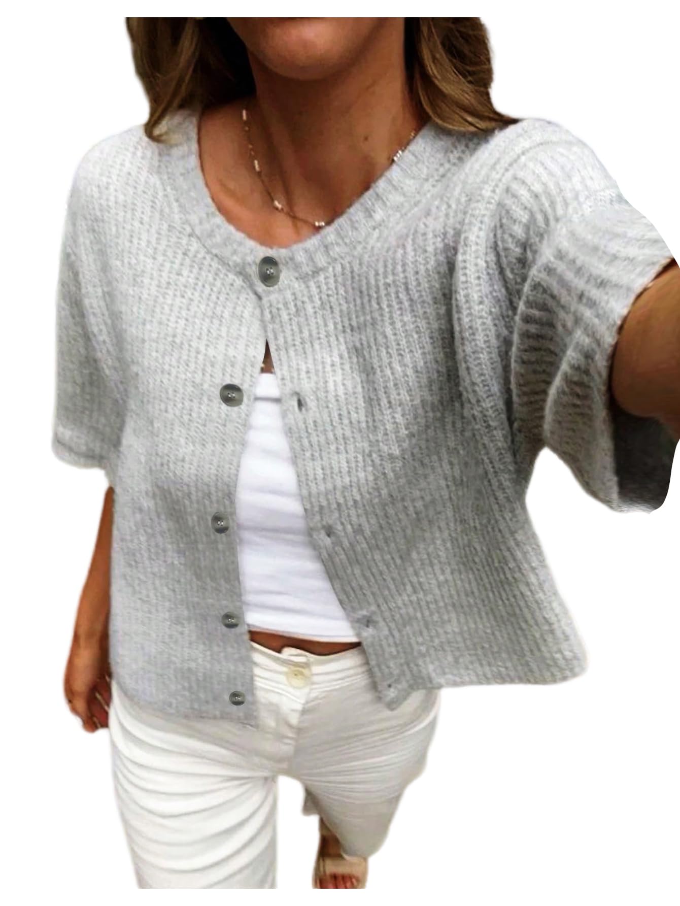 GORGLITTER Womens Short Sleeve Button Up Cardigan Crewneck Lightweight Knit Business Casual Sweater Old Money Tops