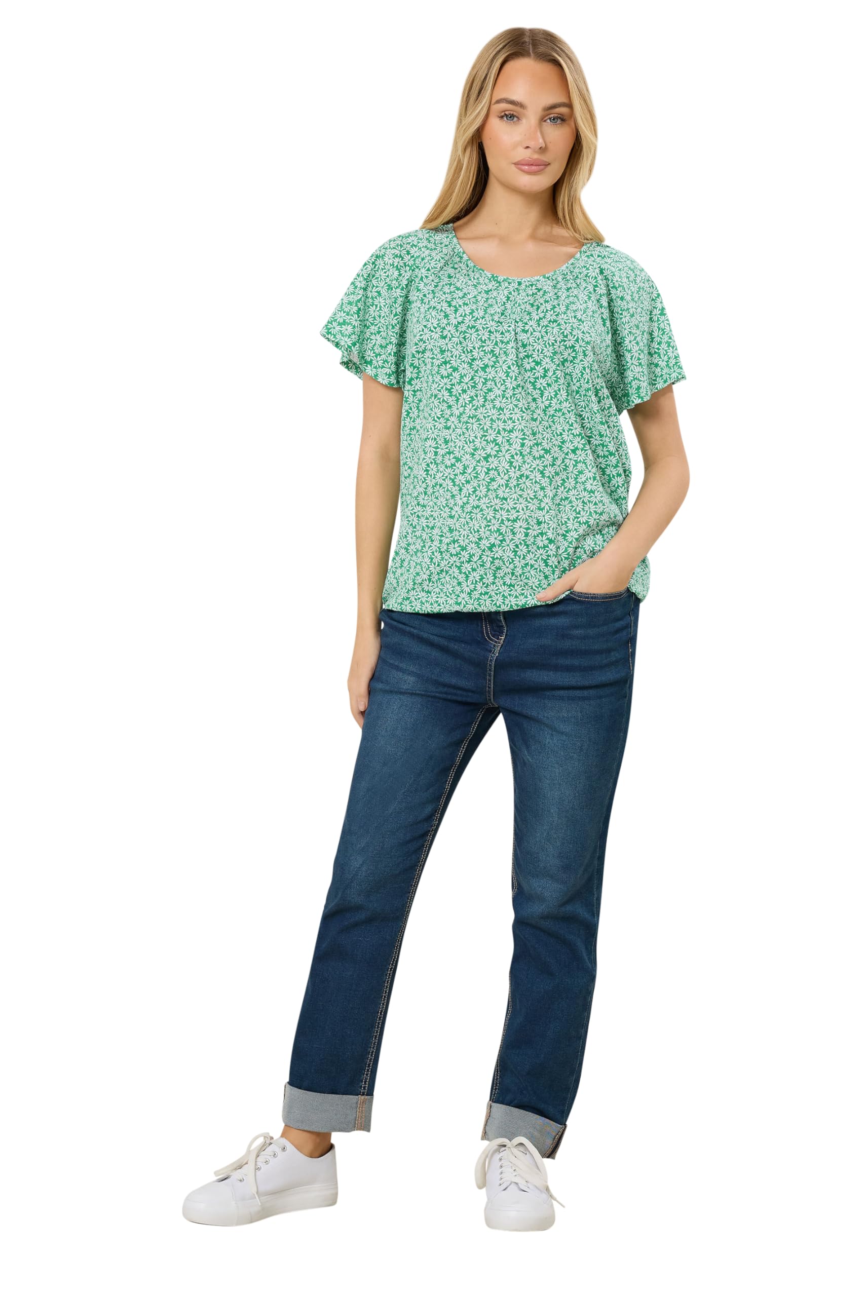 M&Co Women's Green Floral Cotton Scoop Neck Top In | Size: 20