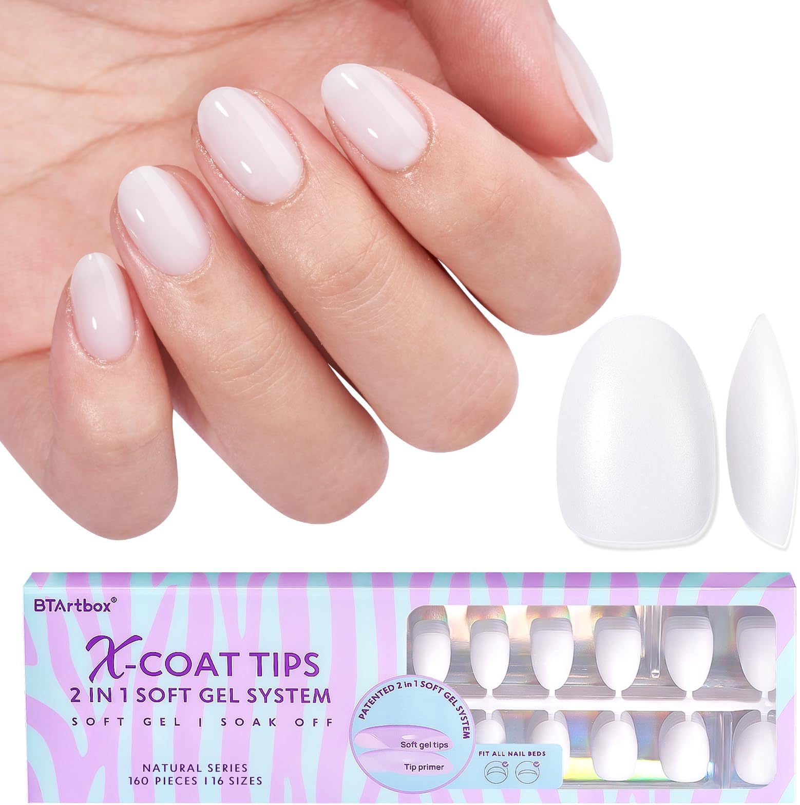BTArtboxnails XS Short Almond Gel Nail Tips - Pre Colored Milky White Soft Gel Nail Tips, Milky White Press on Nails, Natural XCOATTIPS Pre Applied Tip Primer
