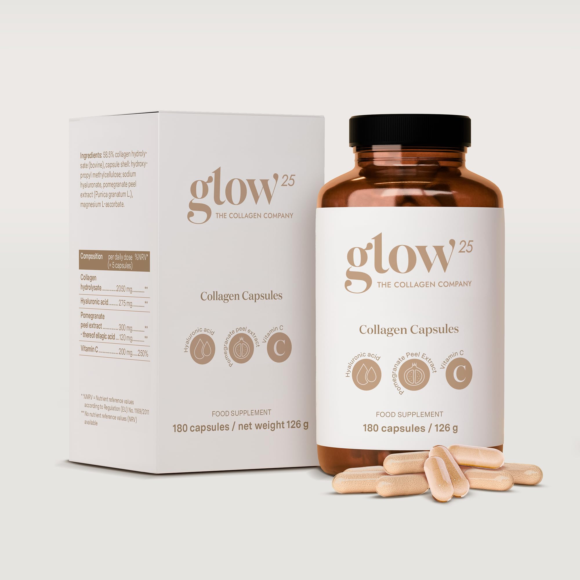 Glow25® Gélules de collagène 180 avec acide hyaluronique et vitamine C | Collagène hydrolysé de haute qualité avec acide hyaluronique et vitamine C, testé en laboratoire, fabriqué en Allemagne