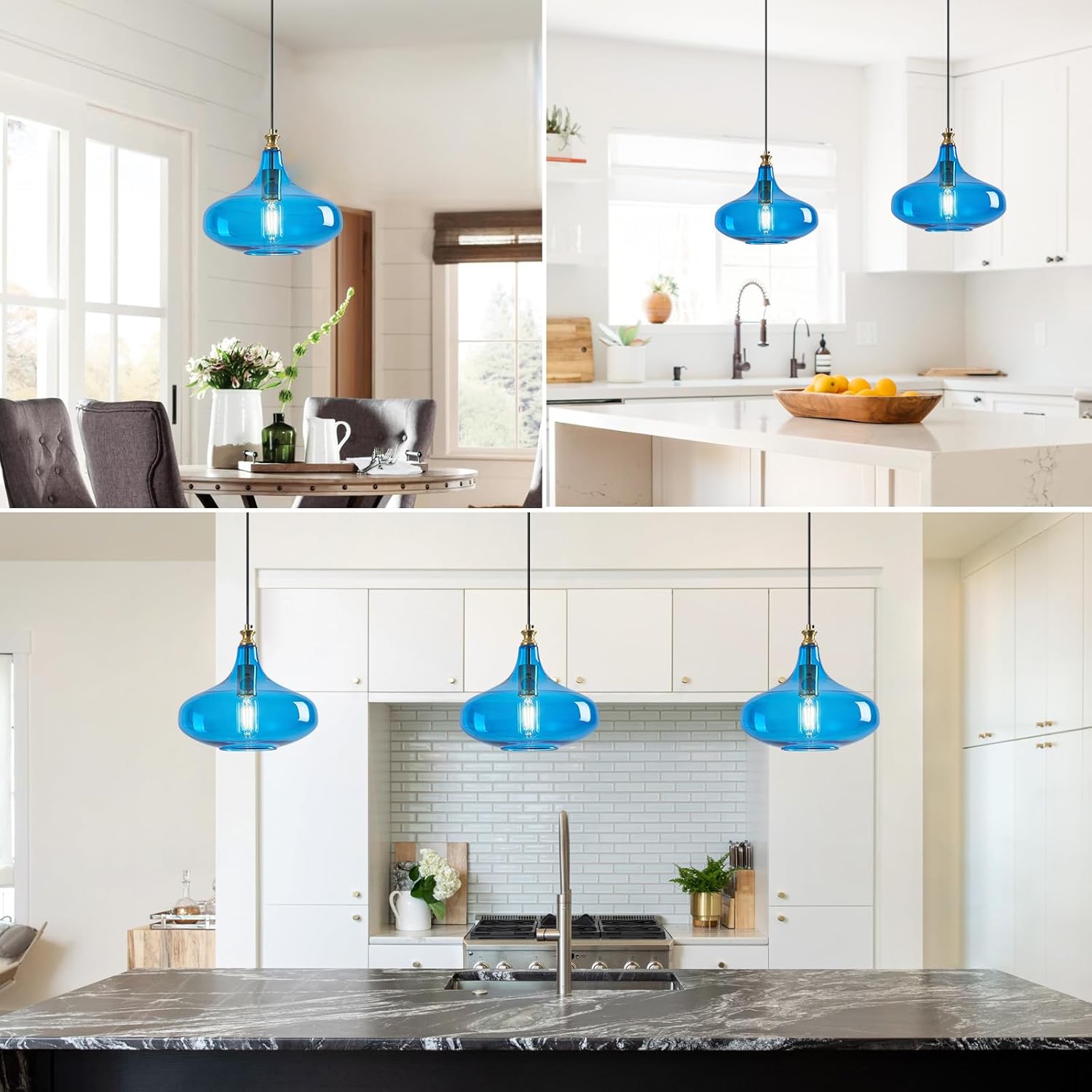 Modern Glass Pendant Light 10.63 in Blue Glass Shade Gold Farmhouse Island Pendant Lights for Kitchen Pendant Lighting Over Sink Bedroom Dining Room