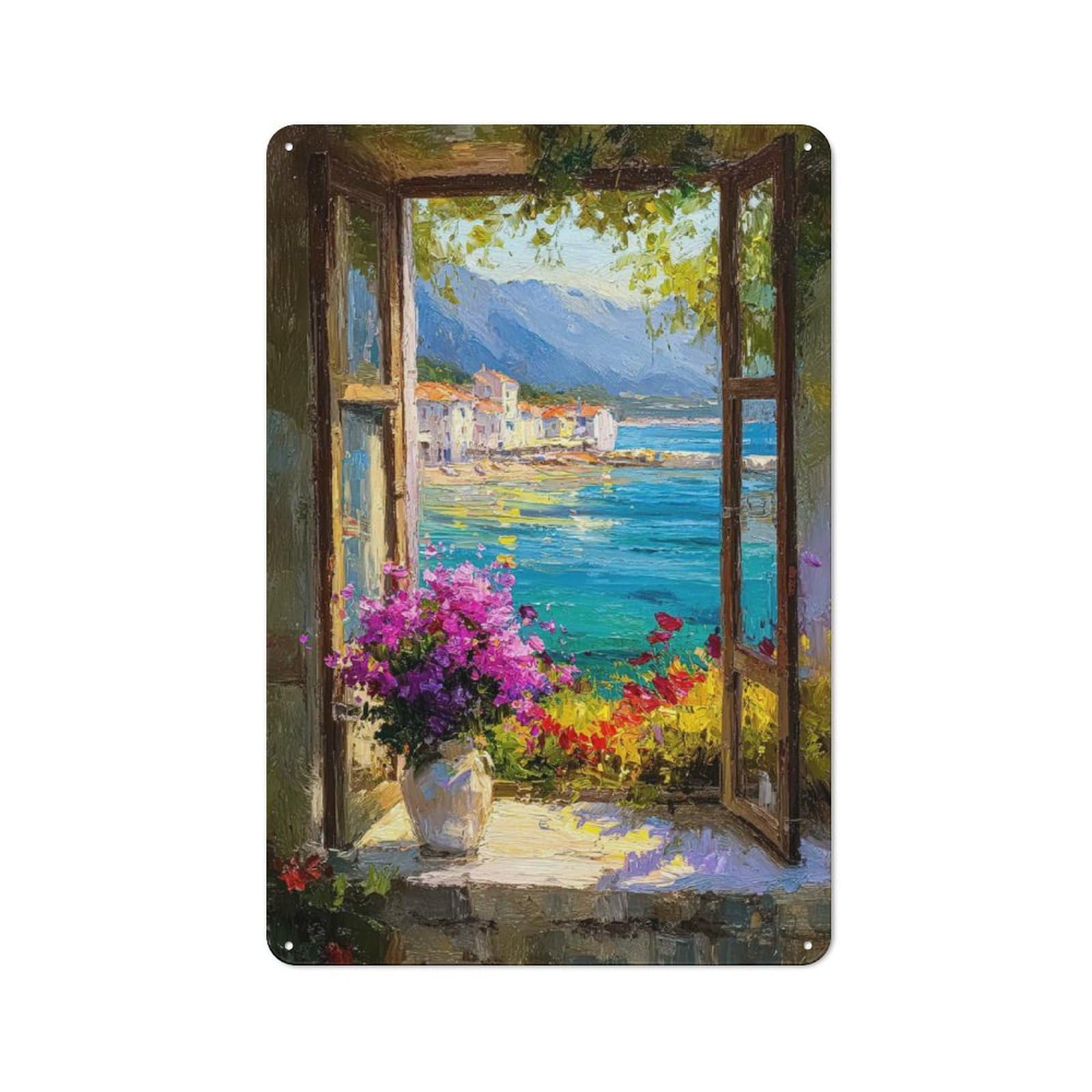 Junmoney Style-18 Retro-Style Metal Sign 30X20cm Featuring Window View Of Mediterranean Coastal Town For Garage Wall, For Vintage Wall Decor Fans, For Metal Sign Collectors