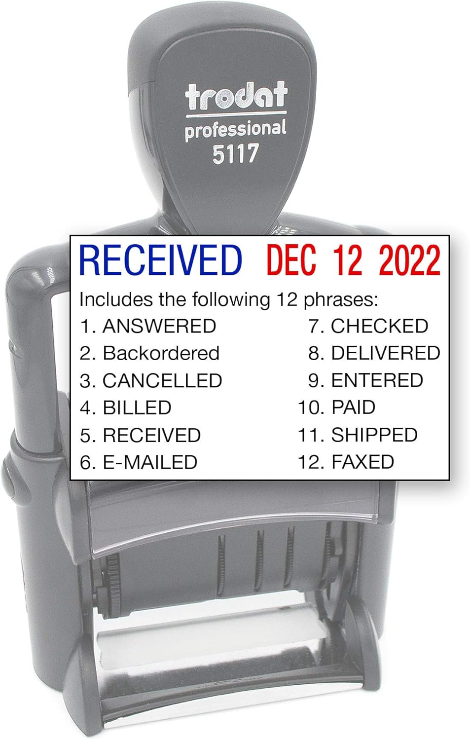 Trodat 5117 Professional 12-Message Stamp w/ Dater, Self-Inking, Blue/Red 2 Color Ink : Office Products