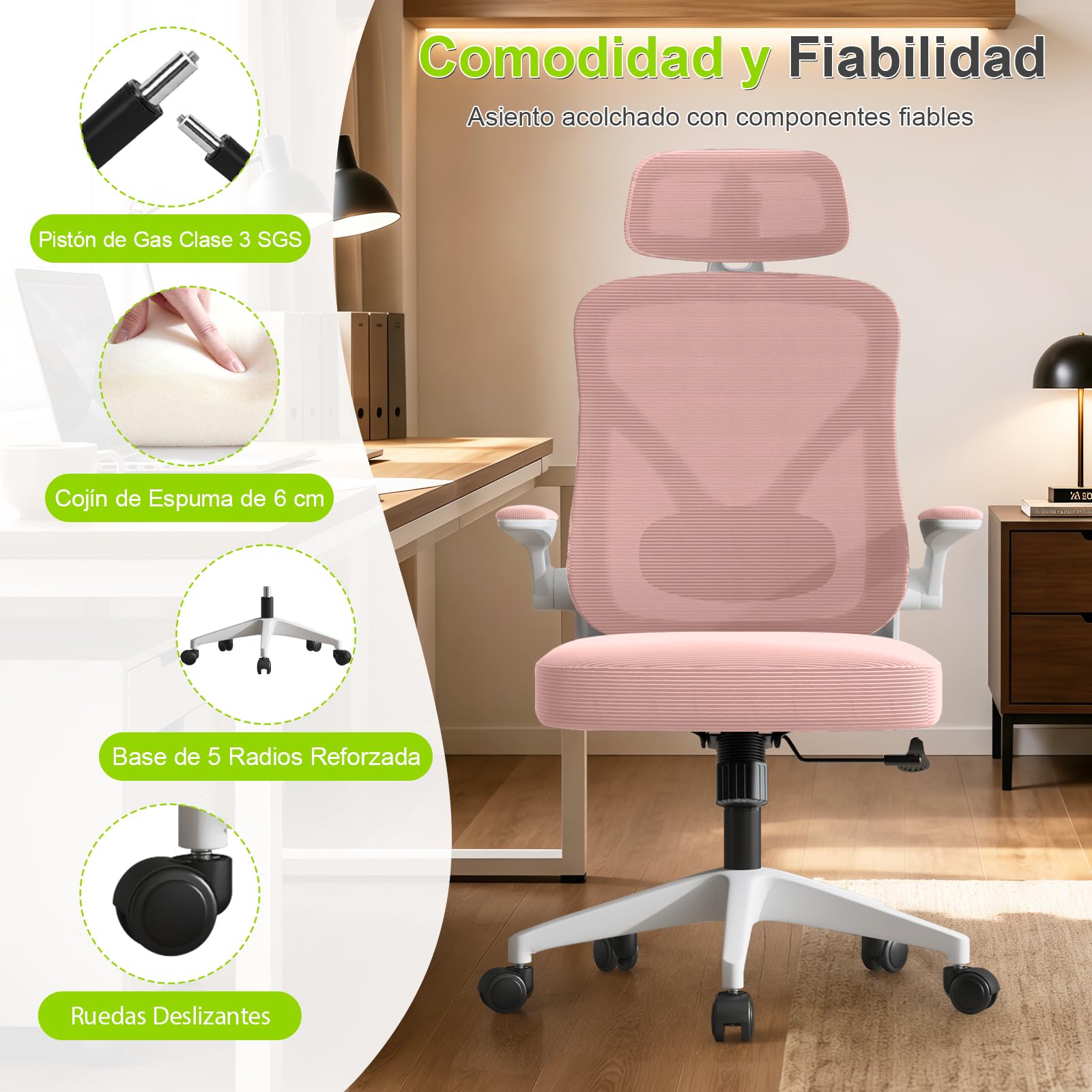Silla de Escritorio con Ajustable Soporte Lumbar, Silla de Oficina Ergonómica con Reposabrazos Abatibles, Silla de para Ordenador para Oficina en Casa, Estudio y Juego, Rosa