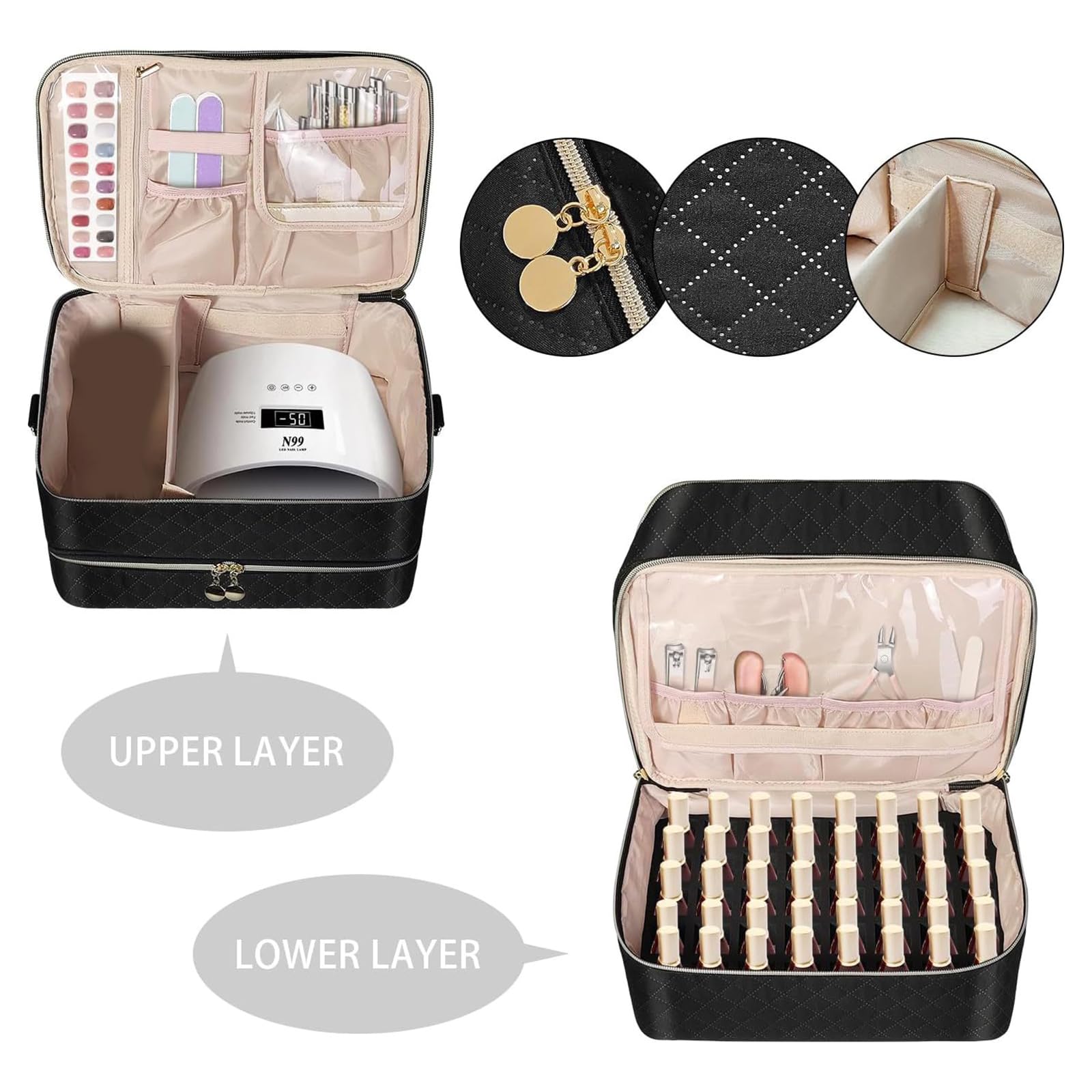 Quilted Art Travel Bag with Compartments, Water-Resistant Washable Adjustable Shoulder Strap & Vassoi Double Layer Polish Organizers Large Capacity Nails Art Tool Bag