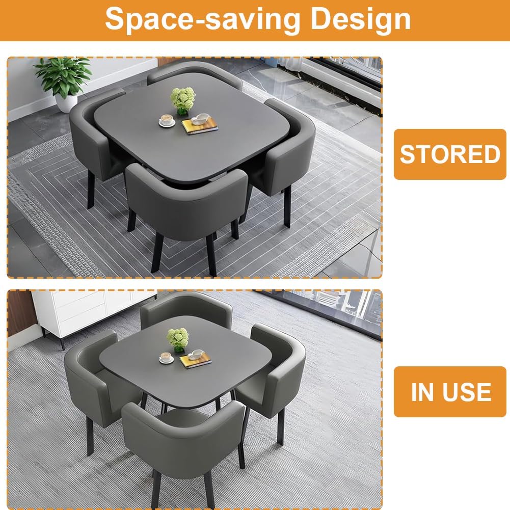 Set da pranzo composto da 4 pezzi con tavolo e sedie in legno grigio, design compatto per piccole conferenze e trattative aziendali, adatto a sala da pranzo, cucina, sala conferenze e appartamento.