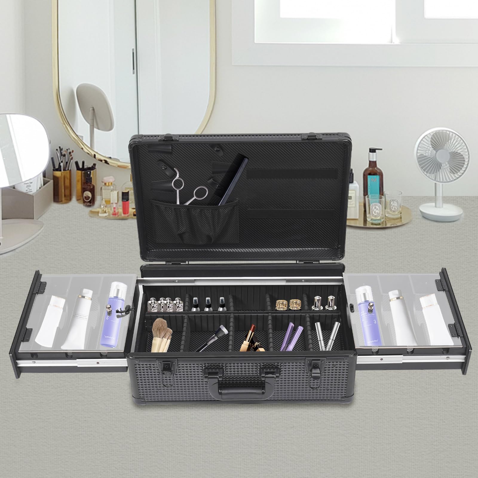 Kosmetiktasche Make Up Kosmetikkoffer Aufbewahrung Abschließbar Kosmetische Box mit Schublade, Handgriff, Fächer, für Friseuren, Visagisten, Schwarz, 50 x 33 x 20 cm