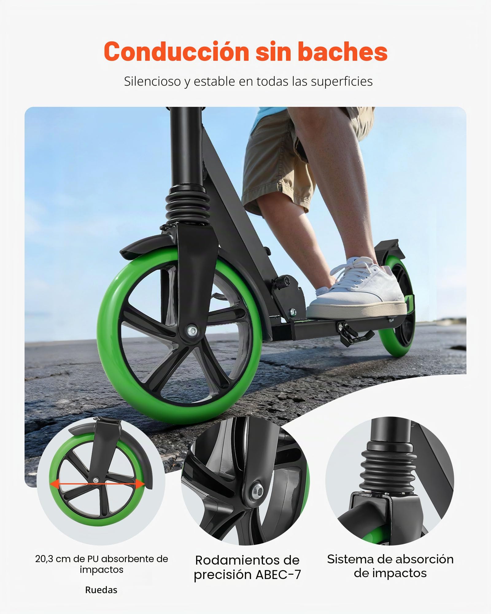 VEVOR Patinete para Niños a Partir de 8 Años, 2 Ruedas, con Manillar Regulable en Altura y Base Antideslizante, Marco de Aleación de Aluminio, hasta 100 kg, Negro y Verde, 900 x 380 x 1000 mm