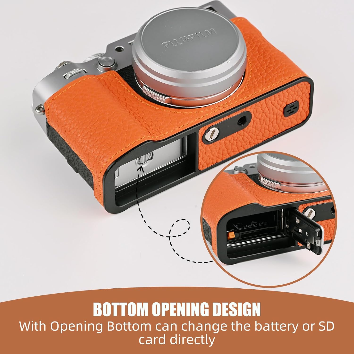 Handmade Genuine Leather Camera Half Case for Fujifilm X100VI/Fujifilm X100VI Camera Case/Fujifilm X100VI Case - Top Layer Cowhide Body + Metal Base Plate (Orange)