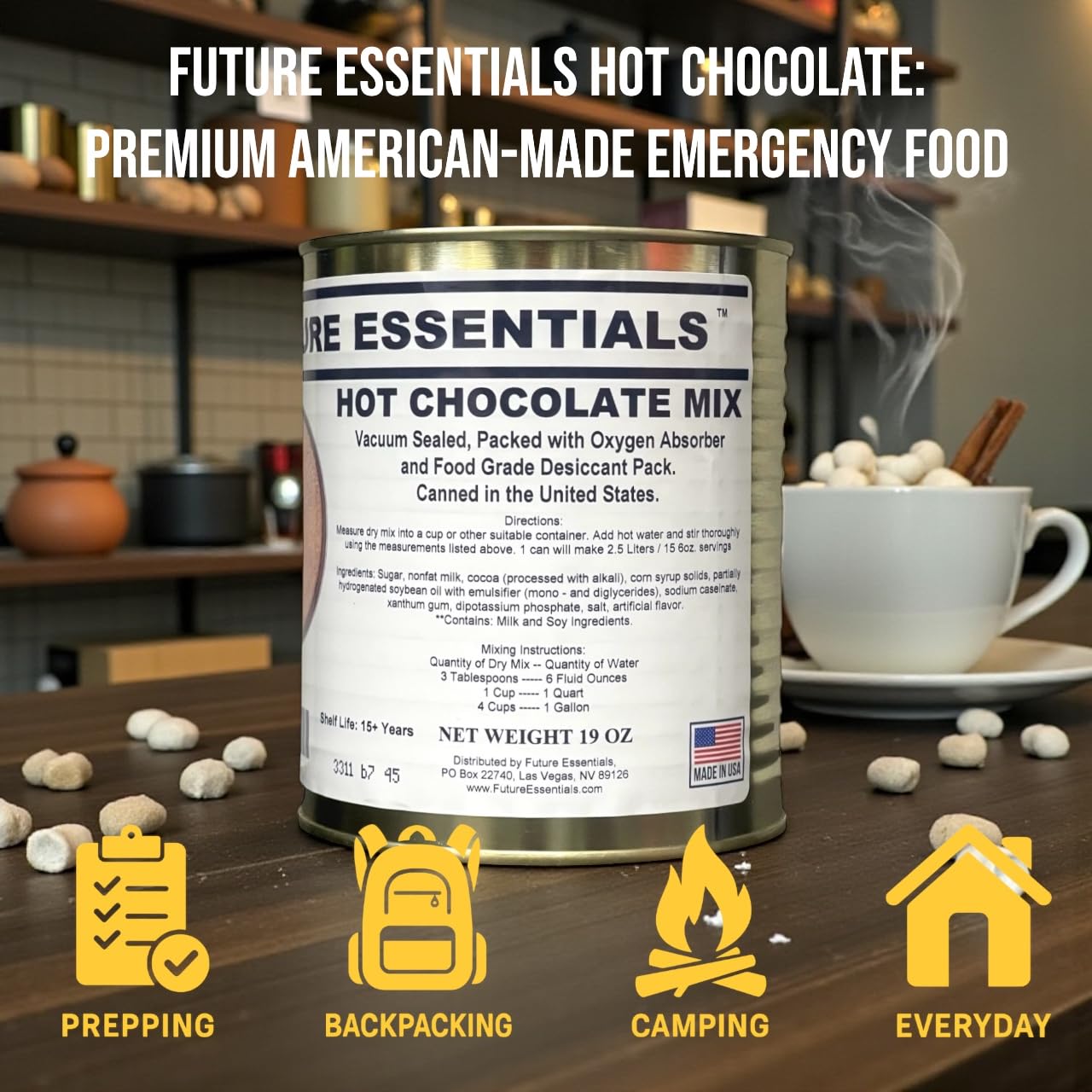 Future Essentials Canned Hot Chocolate Mix – Ready-to-Use Creamy Hot Cocoa Mix for Emergency Kits, Family Use, or Cozy Winter Days – 15-Year Shelf Life – 19 oz Canister (Pack of 6)
