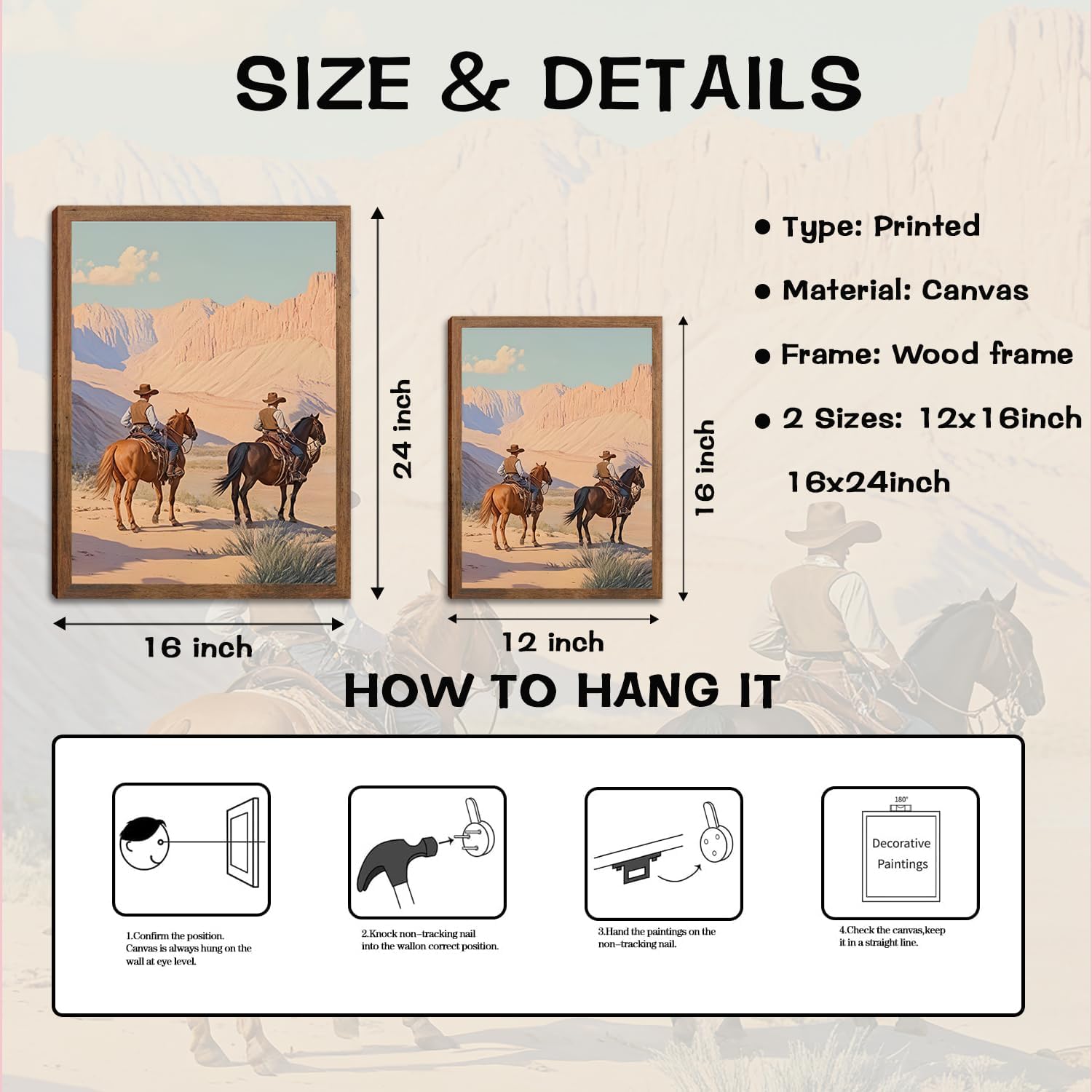 Vintage Western Cowboy Canvas Wall Art,Wild desert Horse Riding Wall Decor,Retro wilderness ranch Landscapes Posters Prints,Gift for Men & Women,Living Room Farmhouse Bedroom Home Decor 16x24in Framed