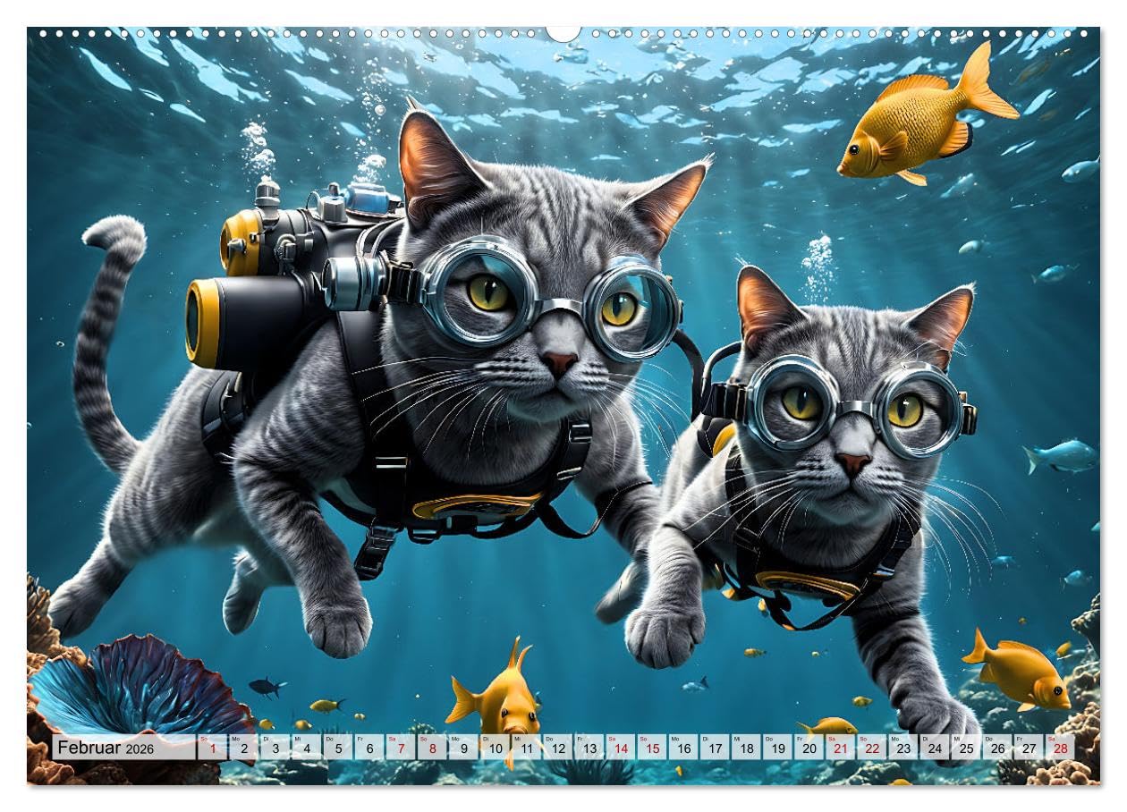 Katzen unter Wasser (Wandkalender 2026 DIN A2 quer), CALVENDO Monatskalender: Amüsante Bilder tauchender Samtpfoten verschiedener Rassen in einer traumhaften Unterwasserwelt (CALVENDO Tiere)