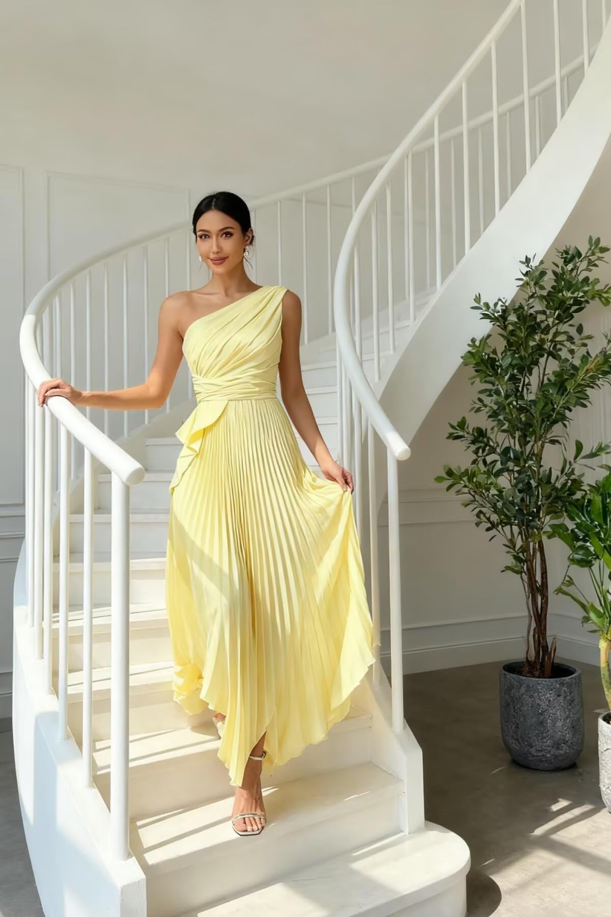 JAEDEN Ein Schulter Satin Brautjungfernkleider - Damen A Linie Abendkleid Plissee Ballkleider mit Schlitz