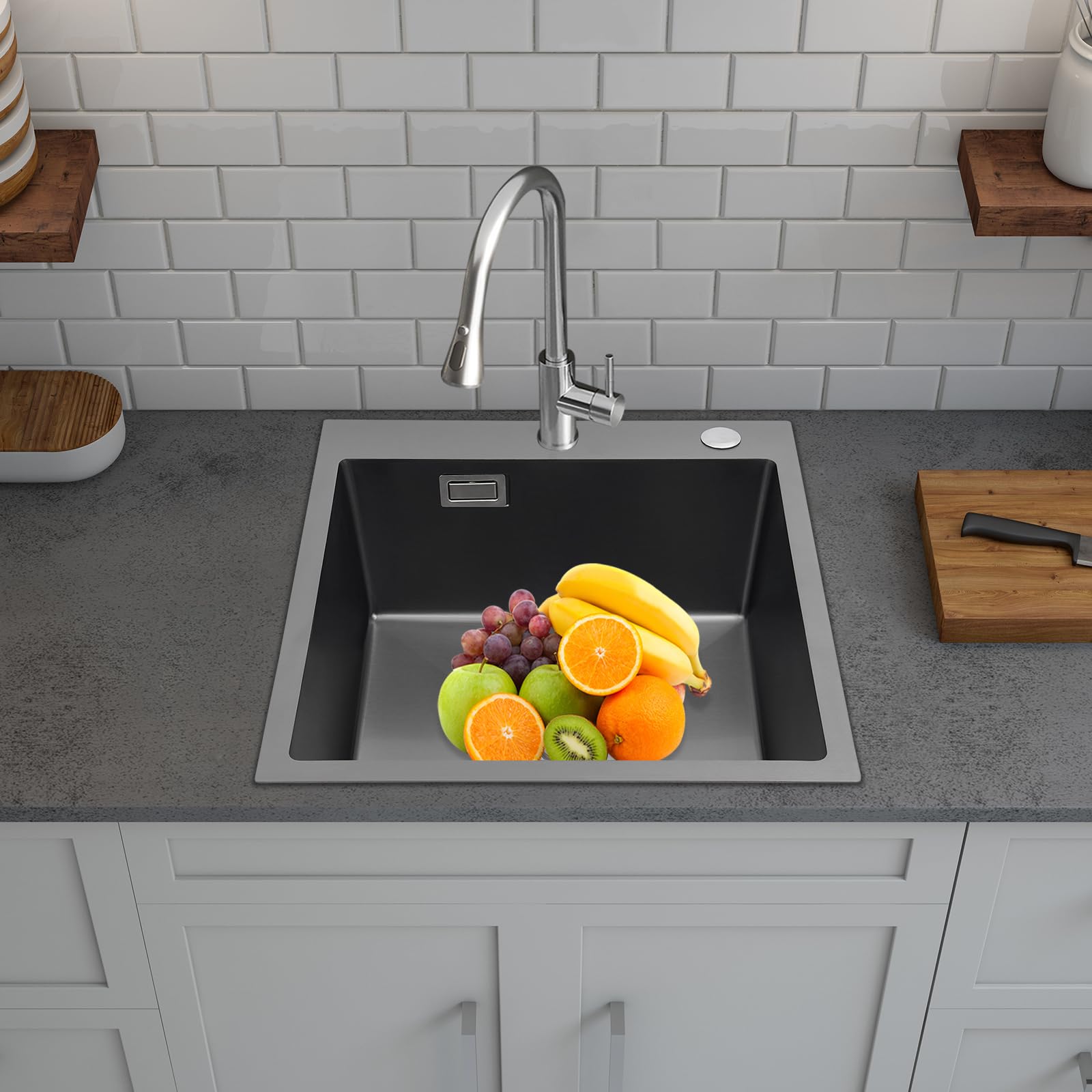 Fregadero de cocina de granito, de 45 x 50 cm, de acero inoxidable con dispensador de jabón y juego de drenaje, lavabo de cocina y fregadero empotrable para armario bajo a partir de 45 (negro