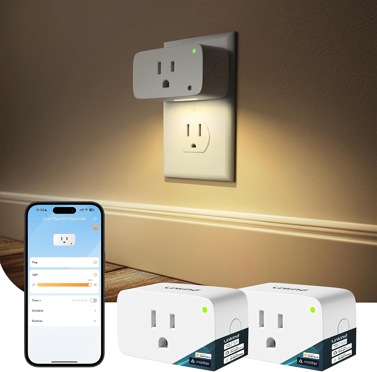 Matter Smart Plug, Work with Apple Home, Alexa, Google Home, 2 Pack | 2-in-1 Innovation, Outlet+LED Night Light, Timer&Schedule, Dusk to Dawn, ETL 15A/1800W, 2.4G WiFi, Hallway, Bathroom, Kids