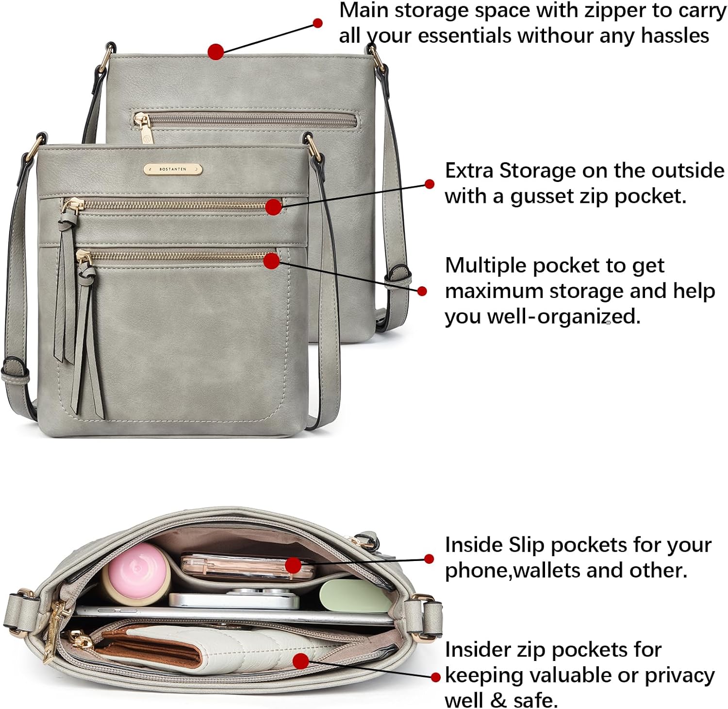 BOSTANTEN Crossbody Purses for Women Medium Shoulder Bag Quilted Handbags with Zipper Pocket - Image 5