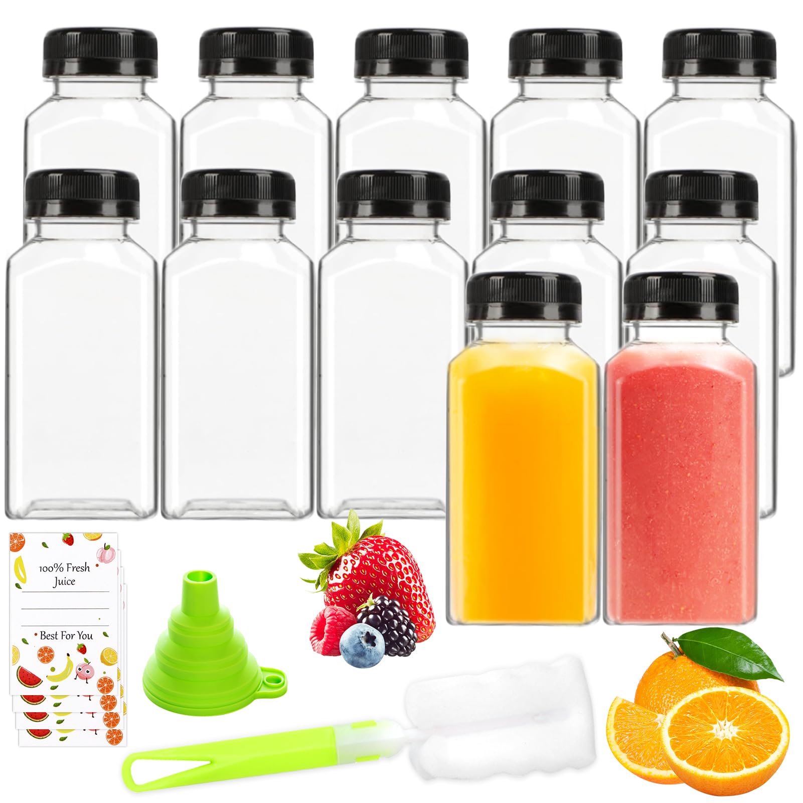 Leaflai Juice Bottles - 8oz Bottles with Lids, 12 pcs Plastic Juice Containers with Caps Reusable Drink Containers for Juice Milk Coffee Water