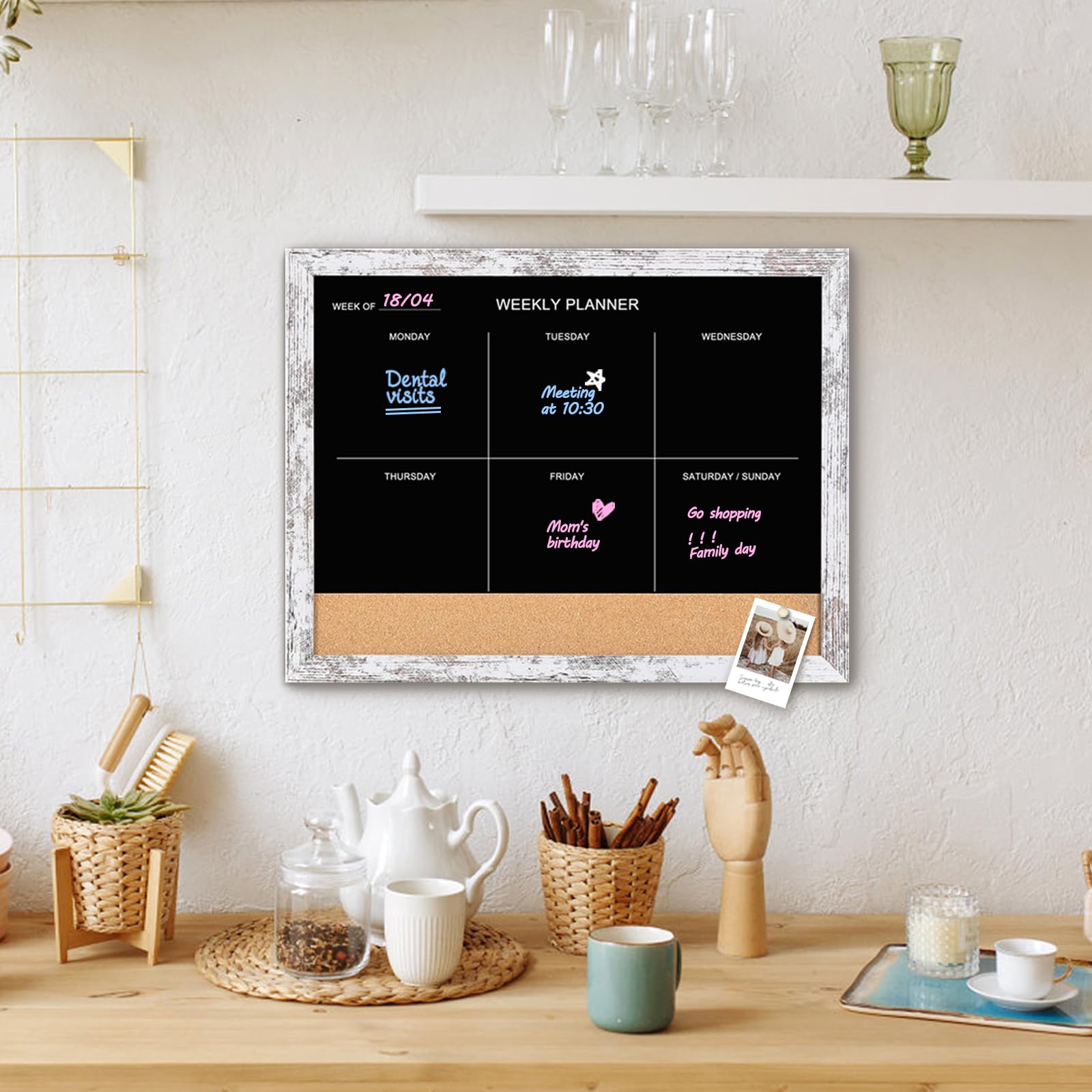Pizarra y tablero de corcho, calendario semanal de superficie magnética, pizarra y tablón de anuncios, calendario de pizarra combinada para pared, tablero de notas enmarcado de madera