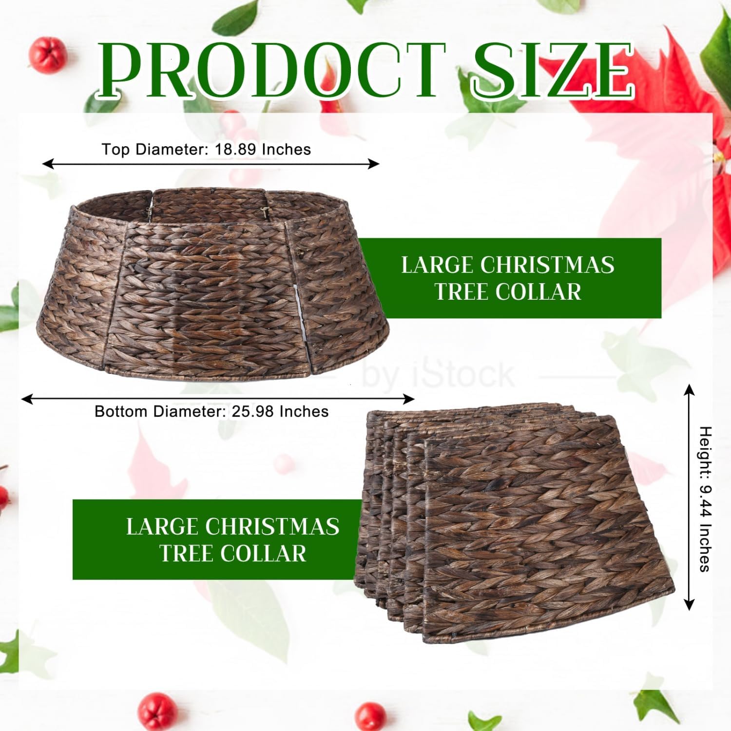 YoleShy 26'' Christmas Tree Collar Hand-Woven Natural Water Hyacinth Base Cover Beautiful Basket Xmas Tree Decor (Brown)