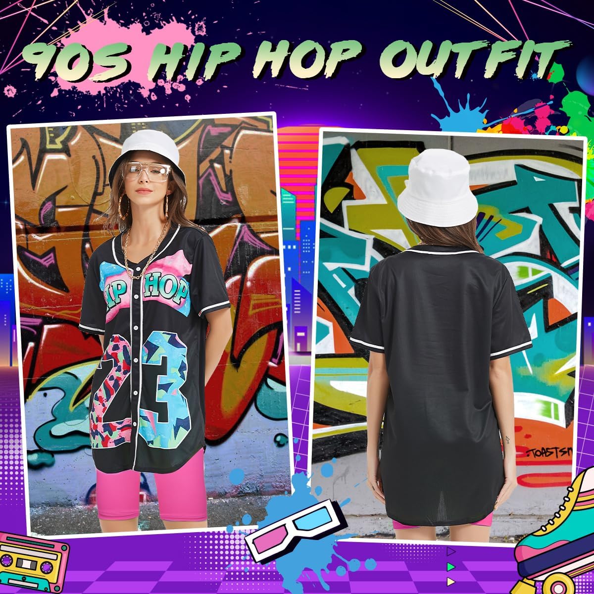 80s 90s Outfit for Women, Unisex Hip Hop Costume Baseball Jersey Shirt Yoga Pants Bucket Hat Gold Chain Rapper Accessories