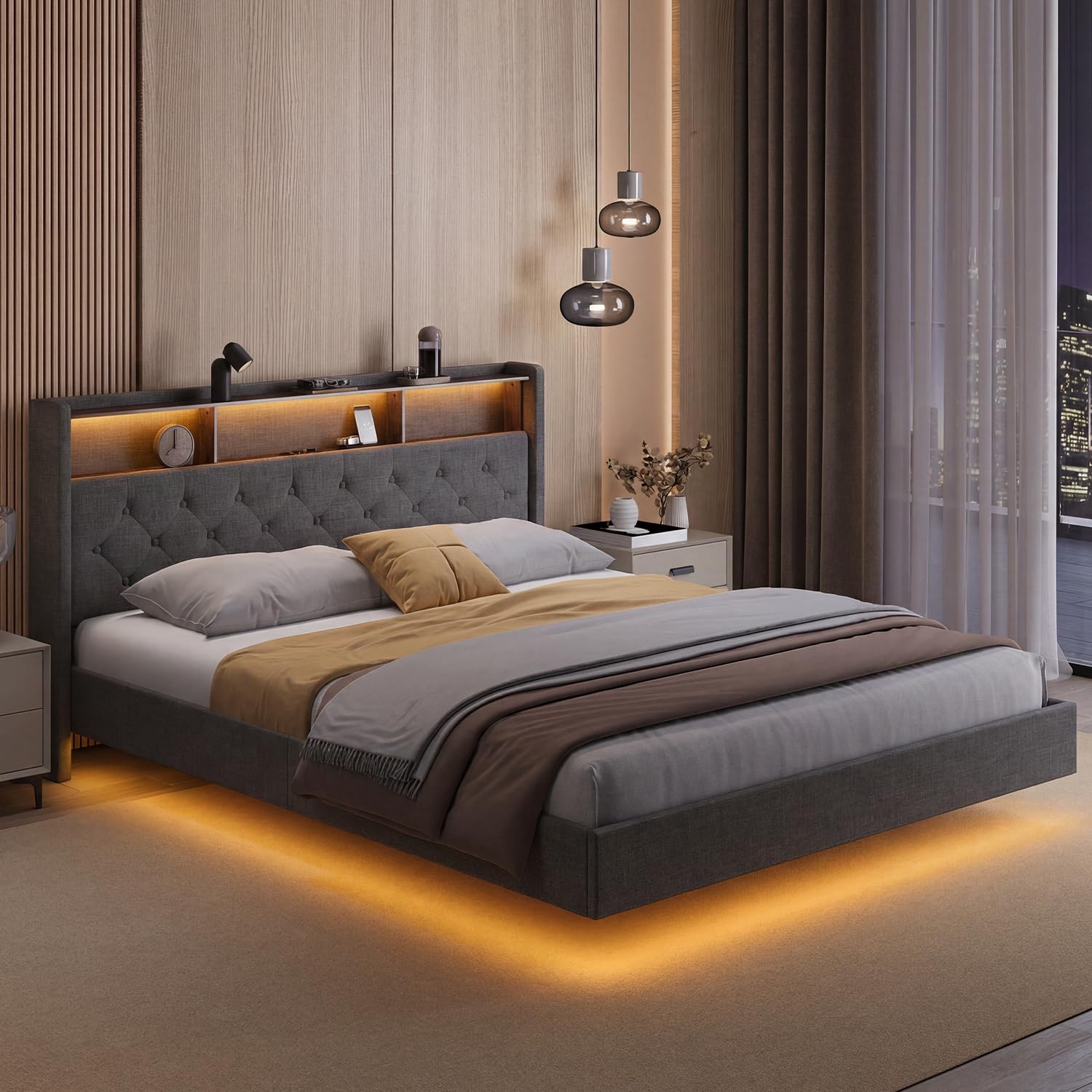 Xbro Camas Tapizada Matrimoniales 160x200 cm con Iluminación LED y Estación de Carga (USB/Enchufe), Aspecto Flotante, Cabecero Acolchado con Espacio de Almacenamiento, Somier, Gris Oscuro(Sin Colchón)