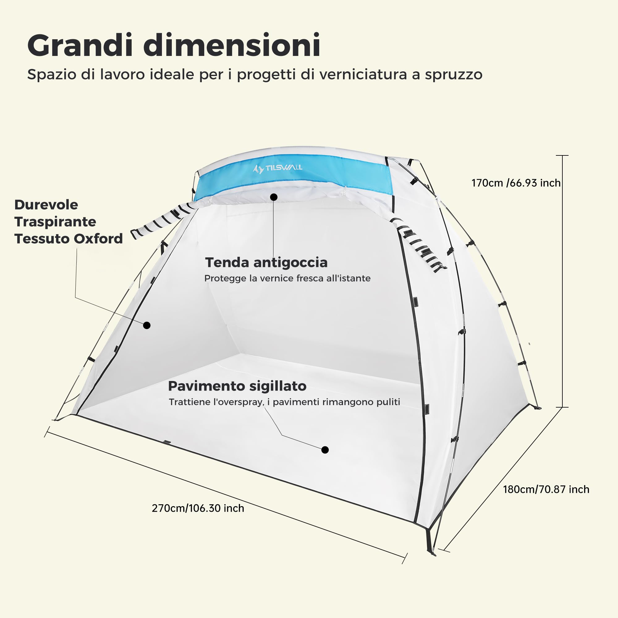 Cabina di Verniciatura Tilswall 8.86 x 5.91 x 5.58 ft, Tenda Spray Portatile Grande con Pavimento Integrato, Ganci Antivento & Picchetti per Progetti Fai-Da-Te, Verniciatura Mobili e Rivestimento