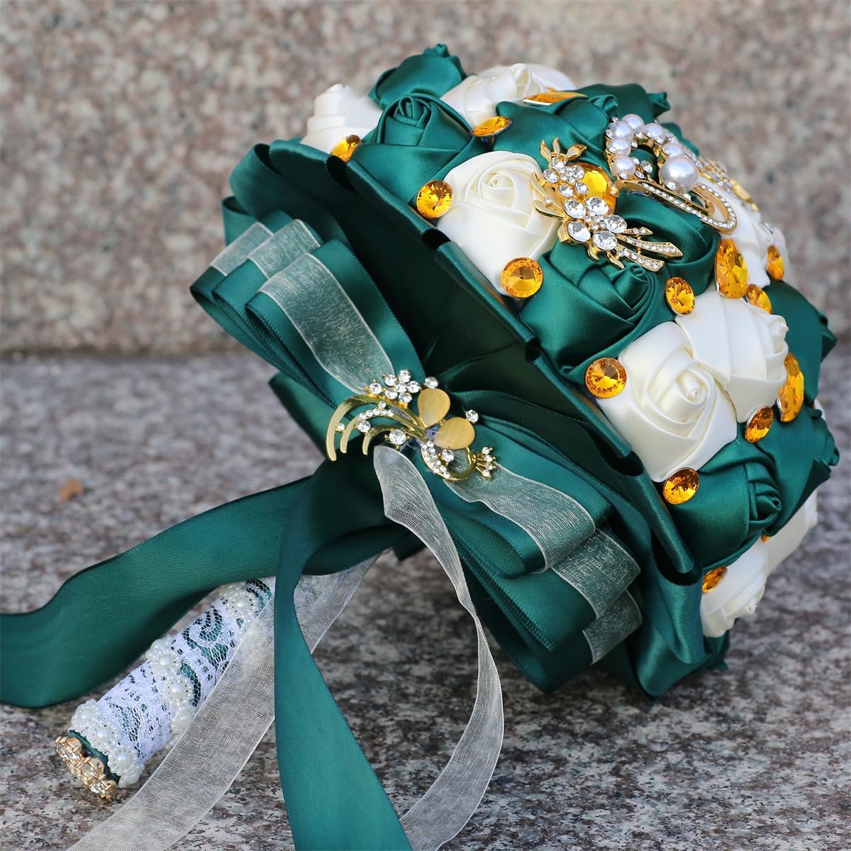 XINNI Luxury Gold Rhinestone Emerald Green Bridal Wedding Bouquet Bride Bridesmaid Satin Rose Flower Bouquet Wedding Decoration Dark Green and Ivory