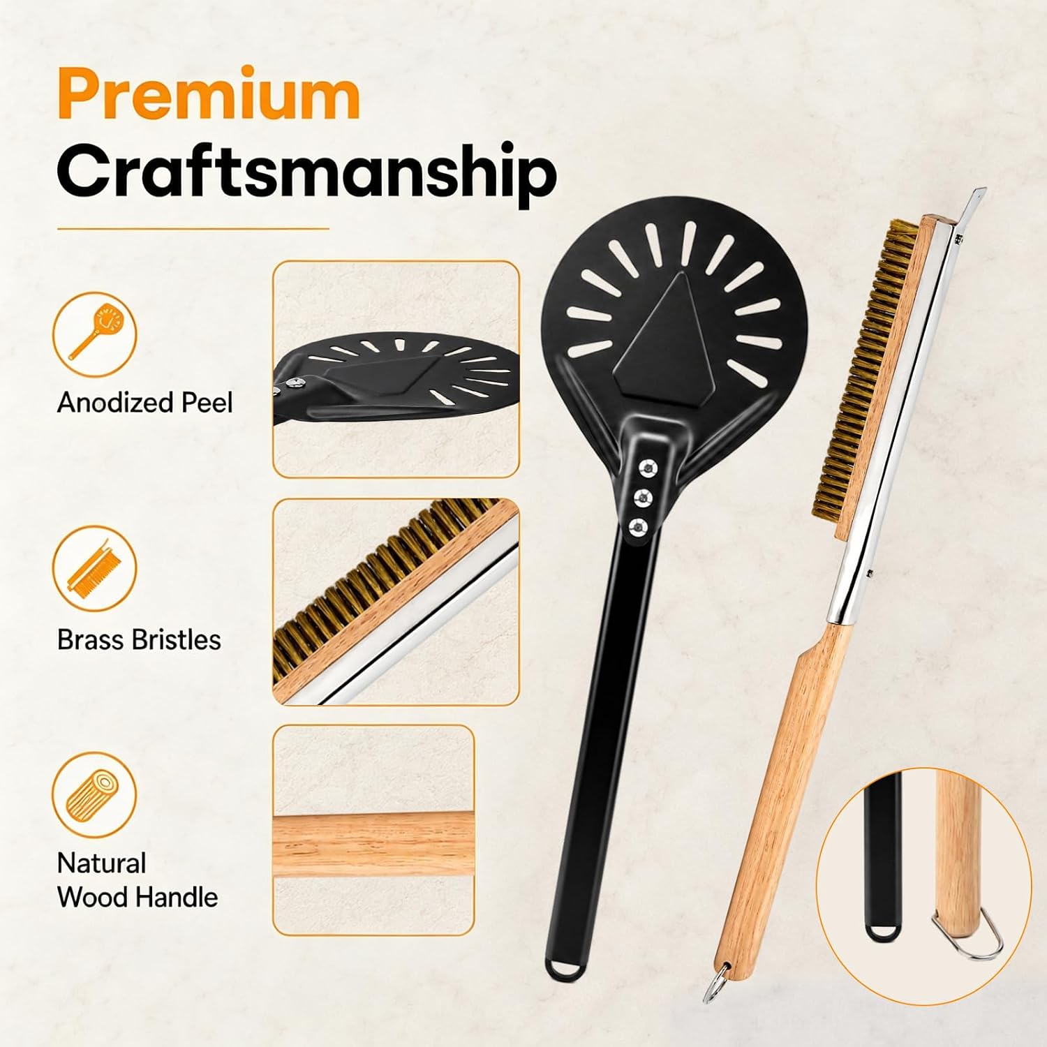 2 Pack Pizza Oven Accessories Kit with Pizza Turning Peel & Wire Cleaning Brush, Perforated Aluminum Pizza Peel with Long Handle and Cleaning Tools for Indoor Outdoor Ovens