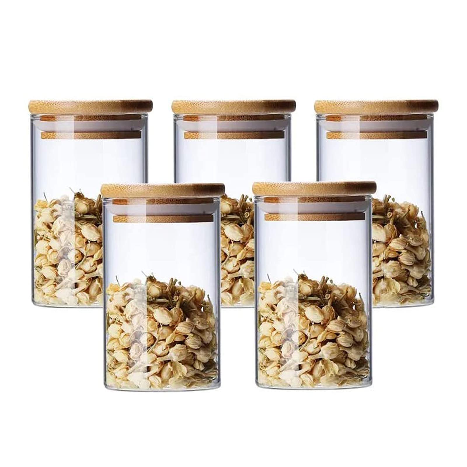 300ml Bocaux Conservation Verre, Lot de 5 Pot de Bocal en Verre avec Couvercle en Bambou et Rondelle en Silicone pour Épices, Haricots, Bonbons
